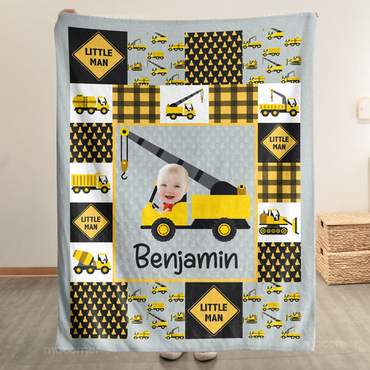 Adorable "Little Man" Construction - Personalized Baby Photo Blanket