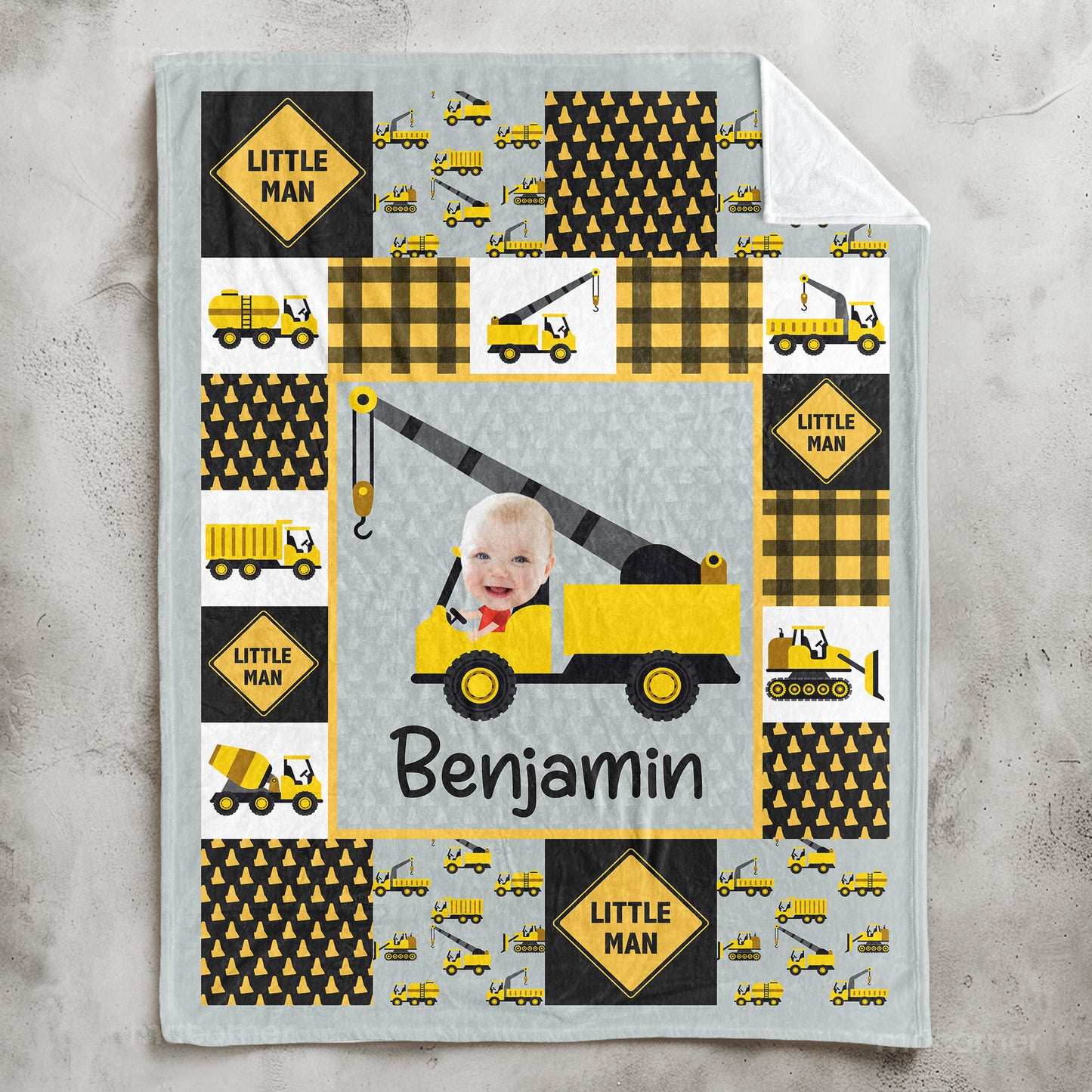 Adorable "Little Man" Construction - Personalized Baby Photo Blanket