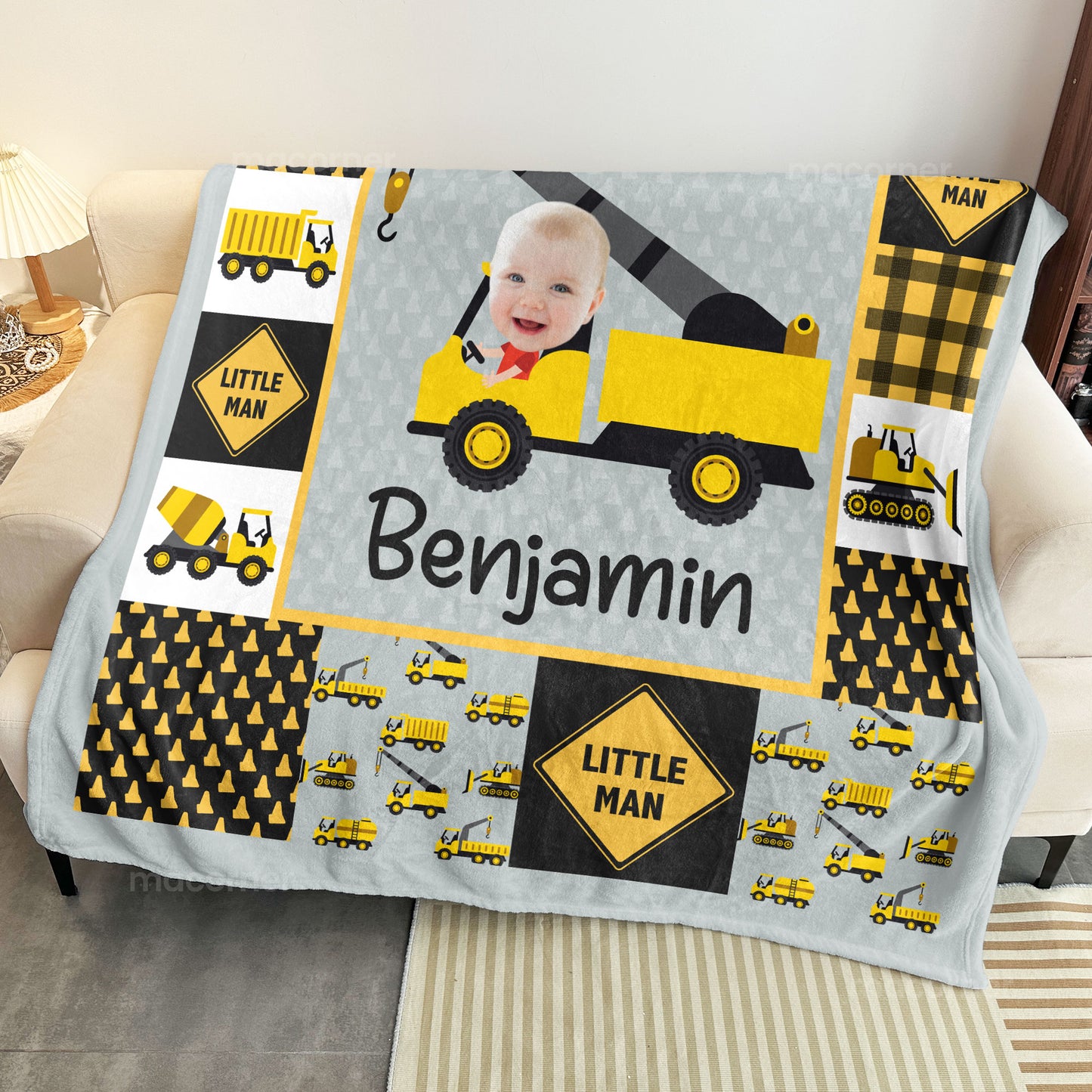 Adorable "Little Man" Construction - Personalized Baby Photo Blanket