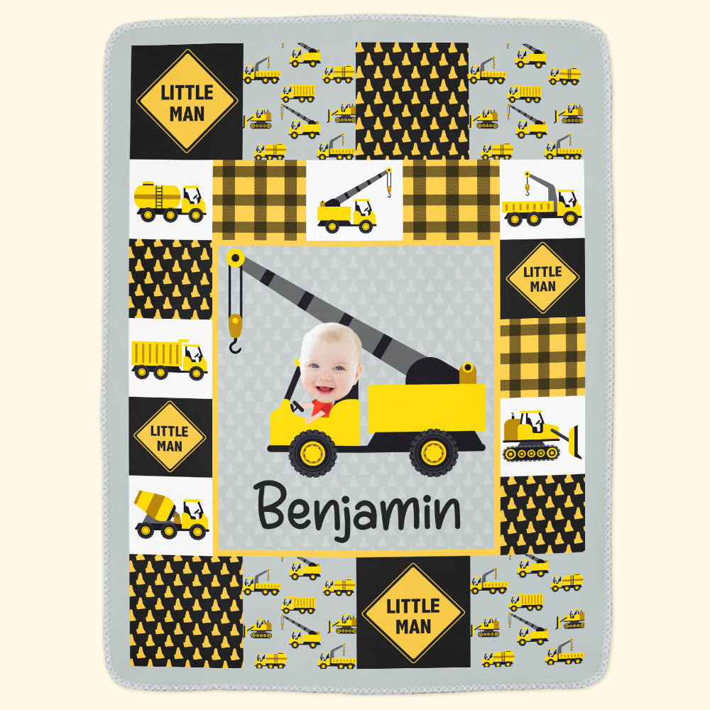 Adorable "Little Man" Construction - Personalized Baby Photo Blanket