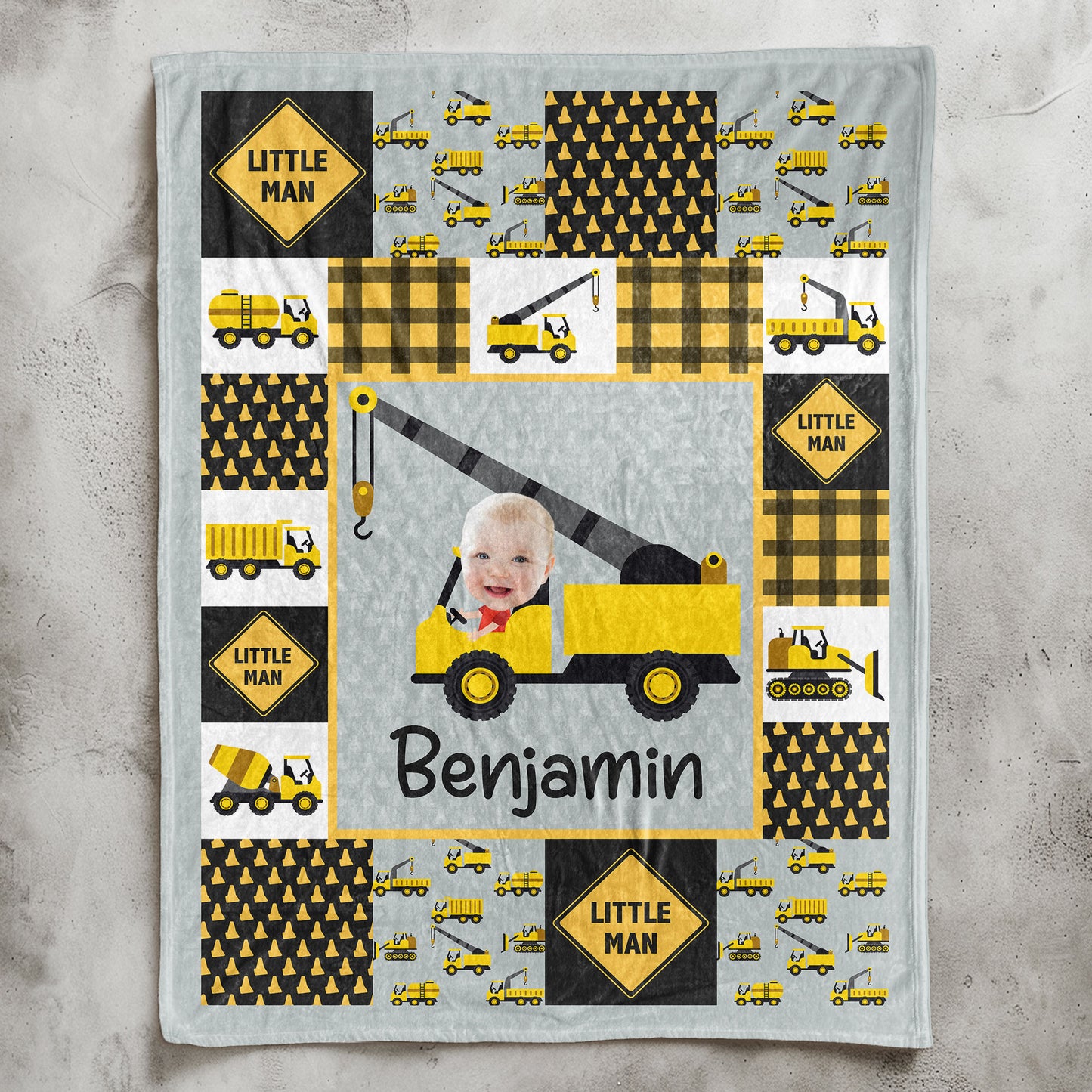 Adorable "Little Man" Construction - Personalized Baby Photo Blanket