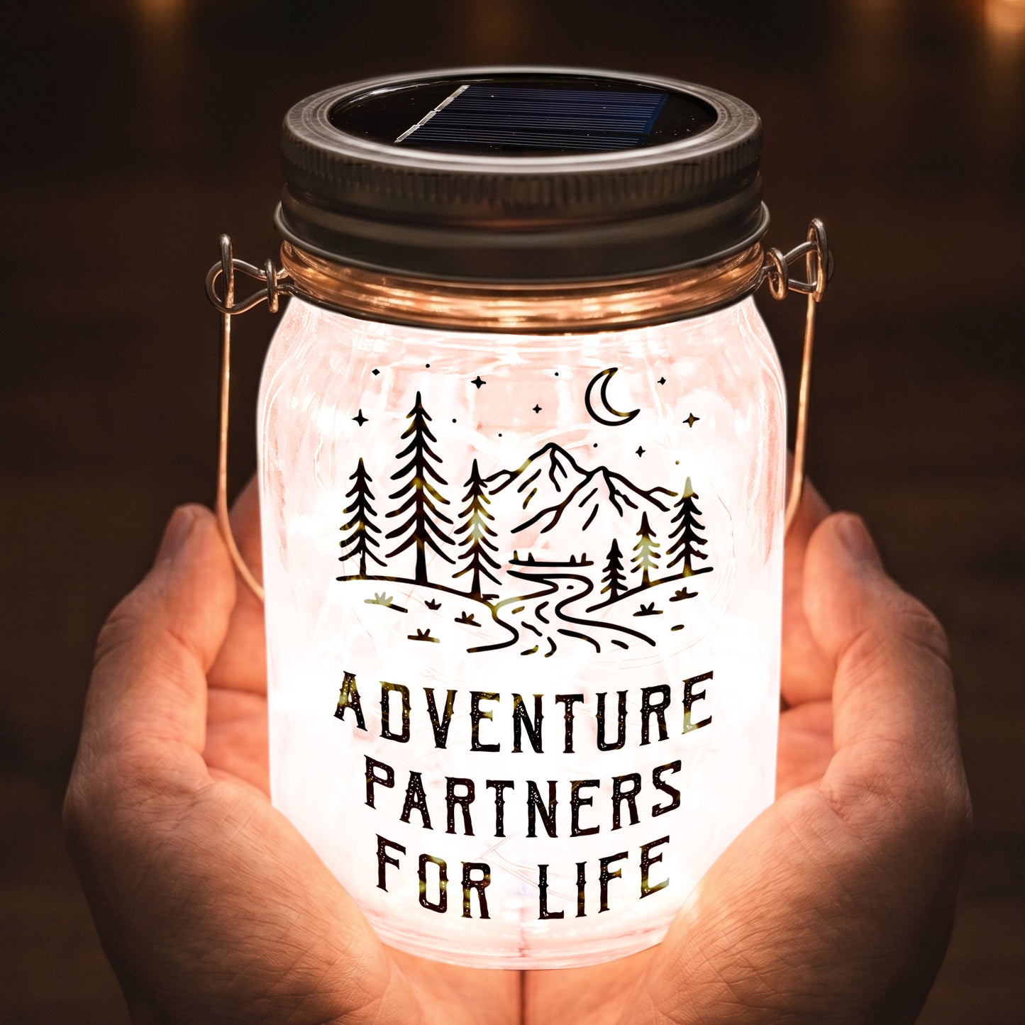 Adventure Partners For Life Couple Gift - Personalized Solar Mason Jar Light