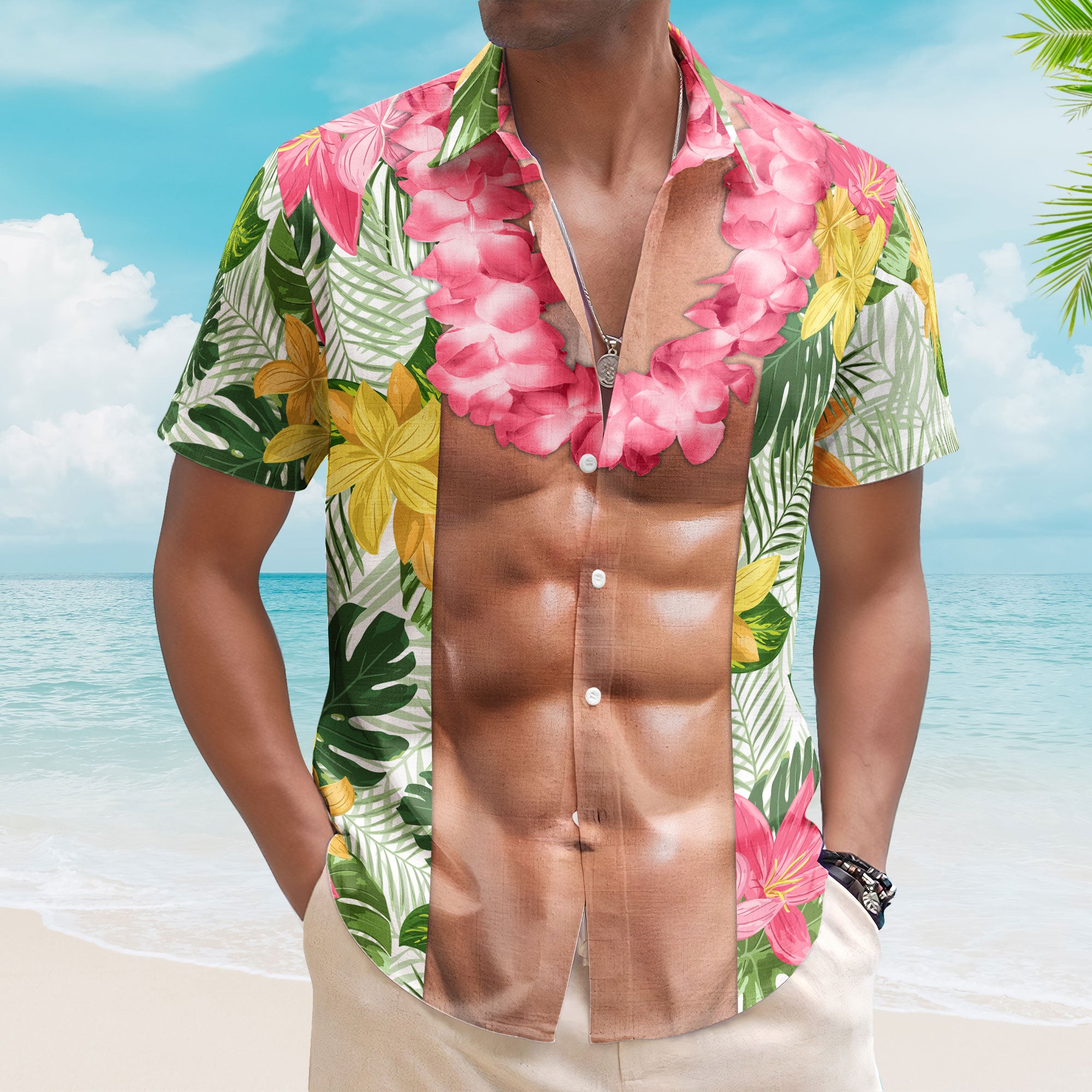 Aloha Funny Abs With Tropical Flowers - Custom Hawaiian Shirts