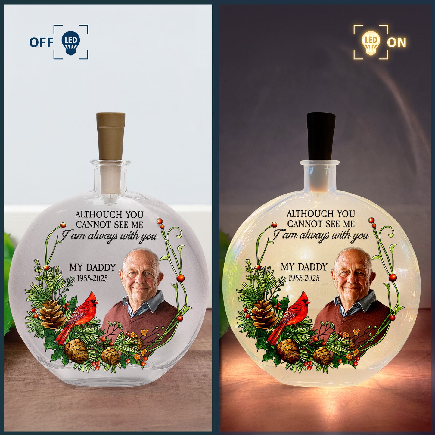 Although You Cannot See Me I'm Always With You - Personalized Photo Round Flat Bottle Light