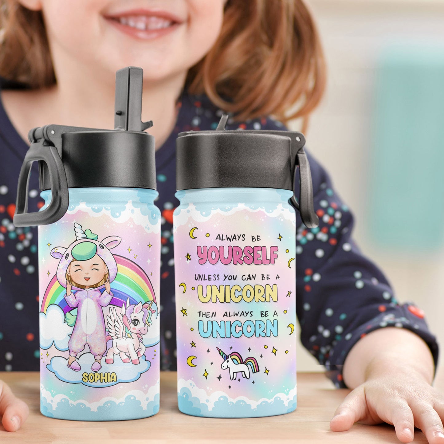 Always Be A Unicorn - Personalized Kids Water Bottle With Straw Lid