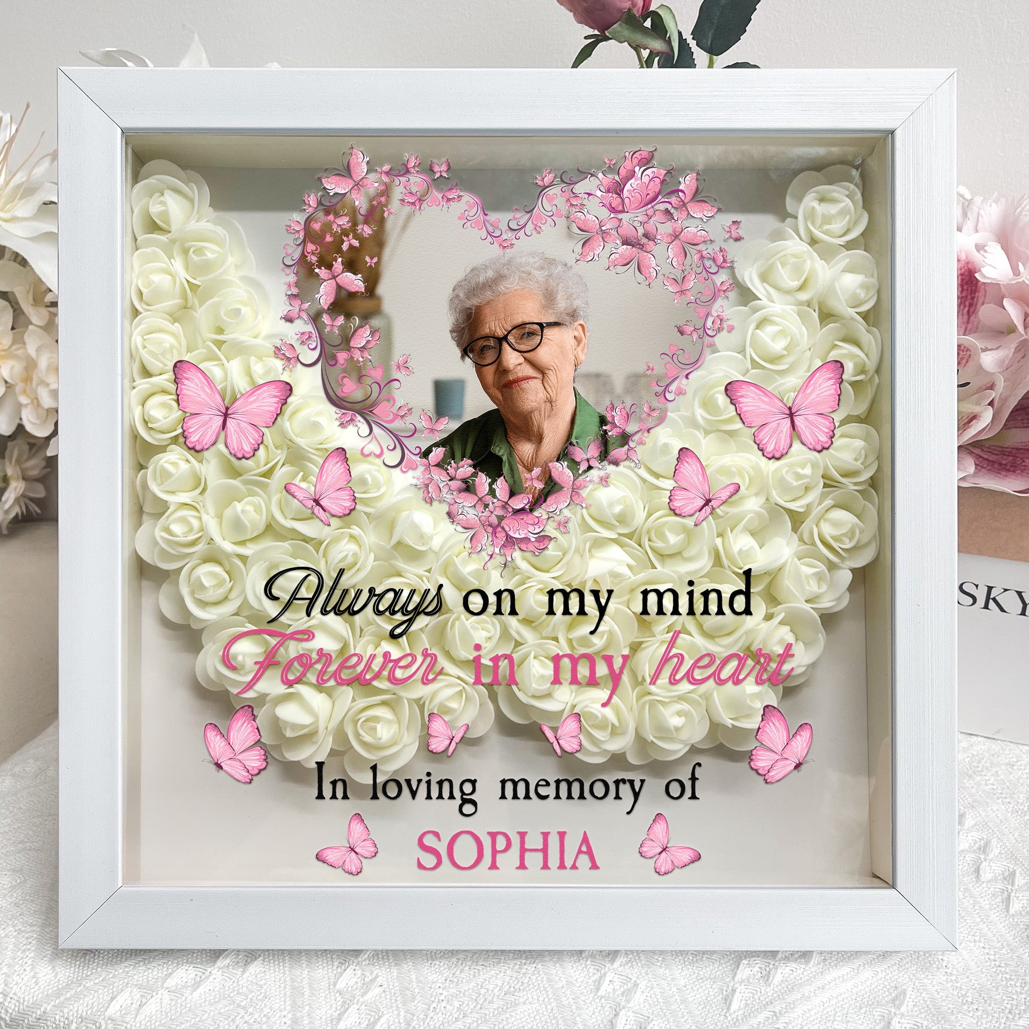 Always On My Mind Forever In My Heart - Personalized Photo Flower Shadow Box