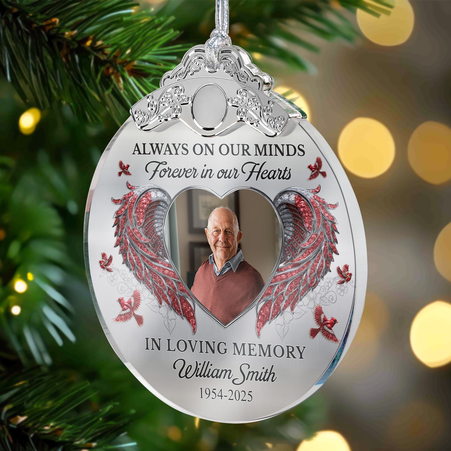 Always On Our Minds Forever In Our Hearts - Personalized Glass Photo Ornament With Silver Cap