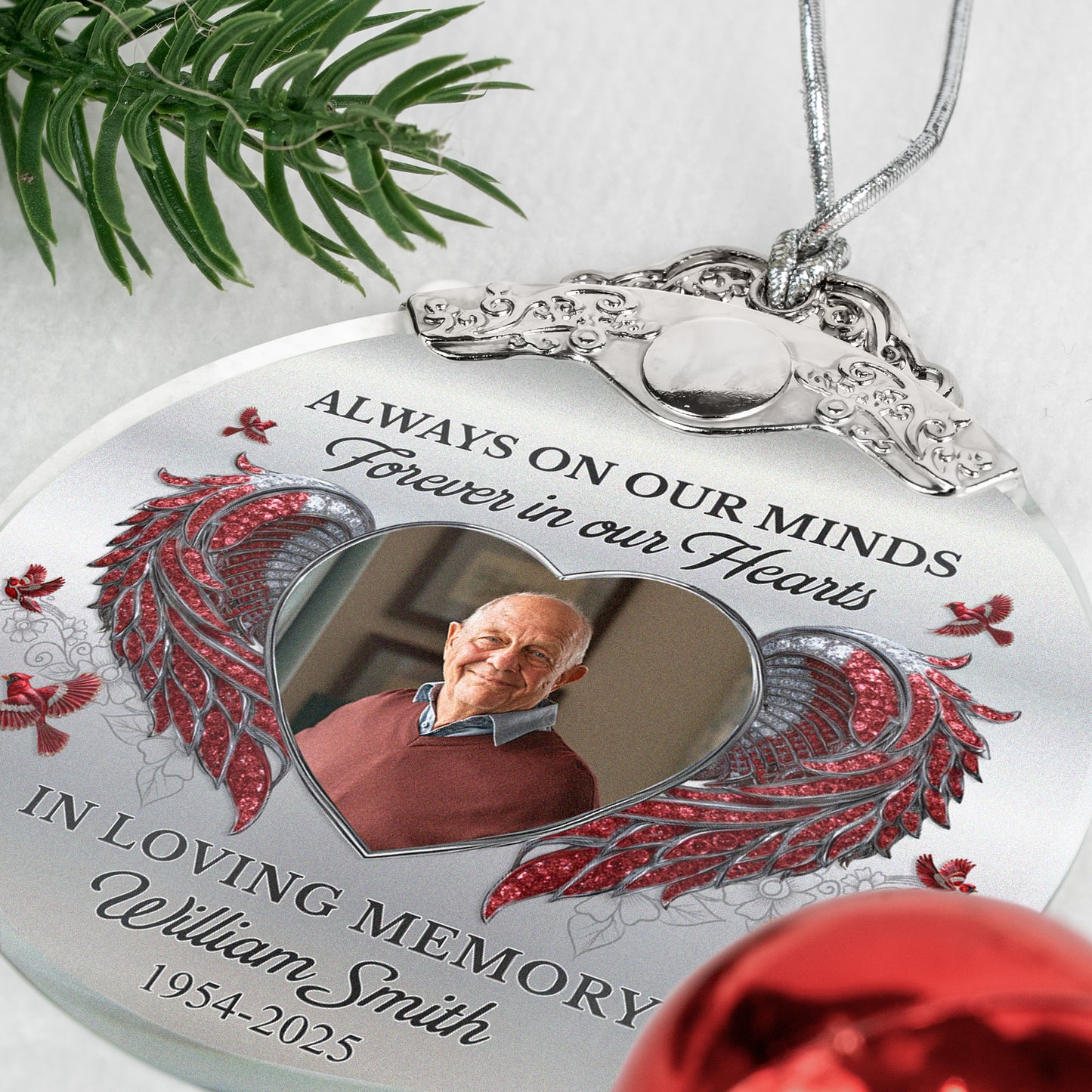 Always On Our Minds Forever In Our Hearts - Personalized Glass Photo Ornament With Silver Cap