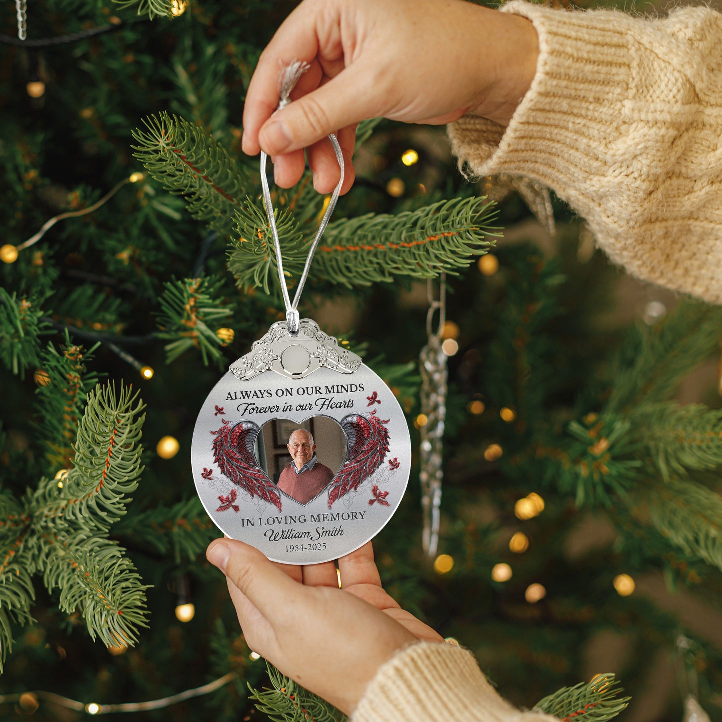 Always On Our Minds Forever In Our Hearts - Personalized Glass Photo Ornament With Silver Cap