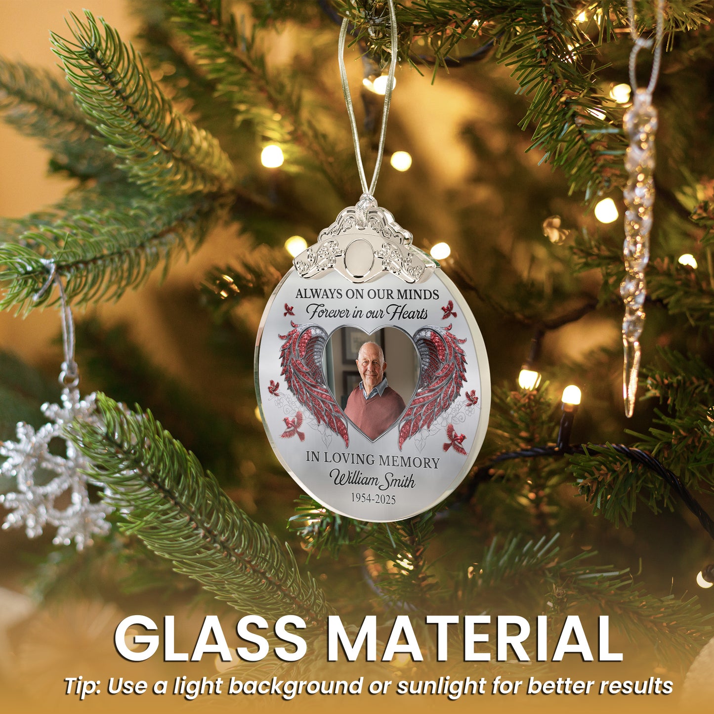 Always On Our Minds Forever In Our Hearts - Personalized Glass Photo Ornament With Silver Cap