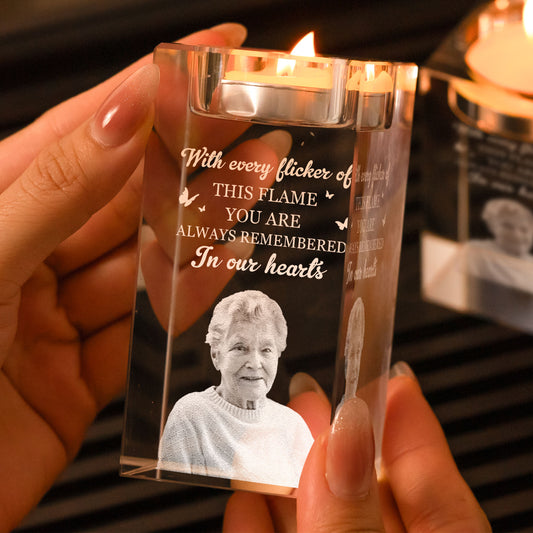 Always Remembered In Our Hearts - Personalized Photo Crystal Candle Holder