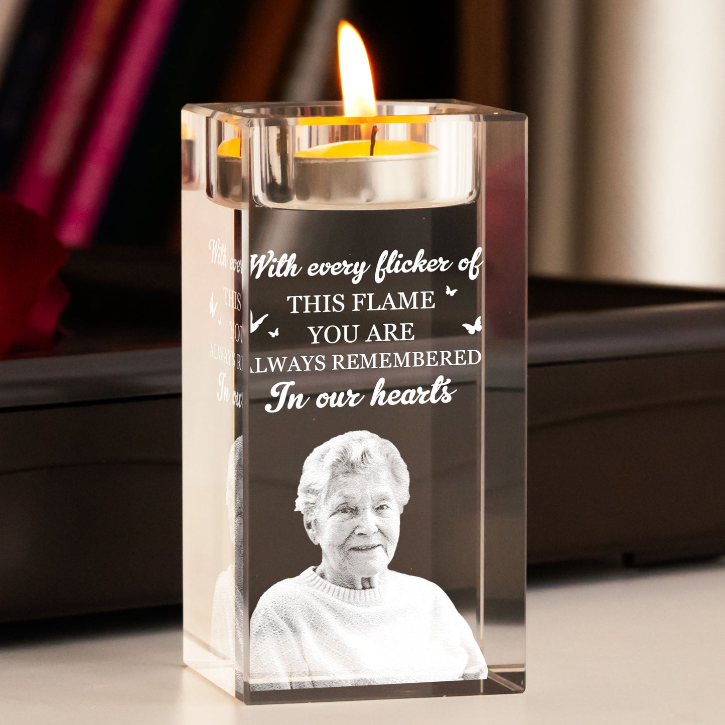 Always Remembered In Our Hearts - Personalized Photo Crystal Candle Holder