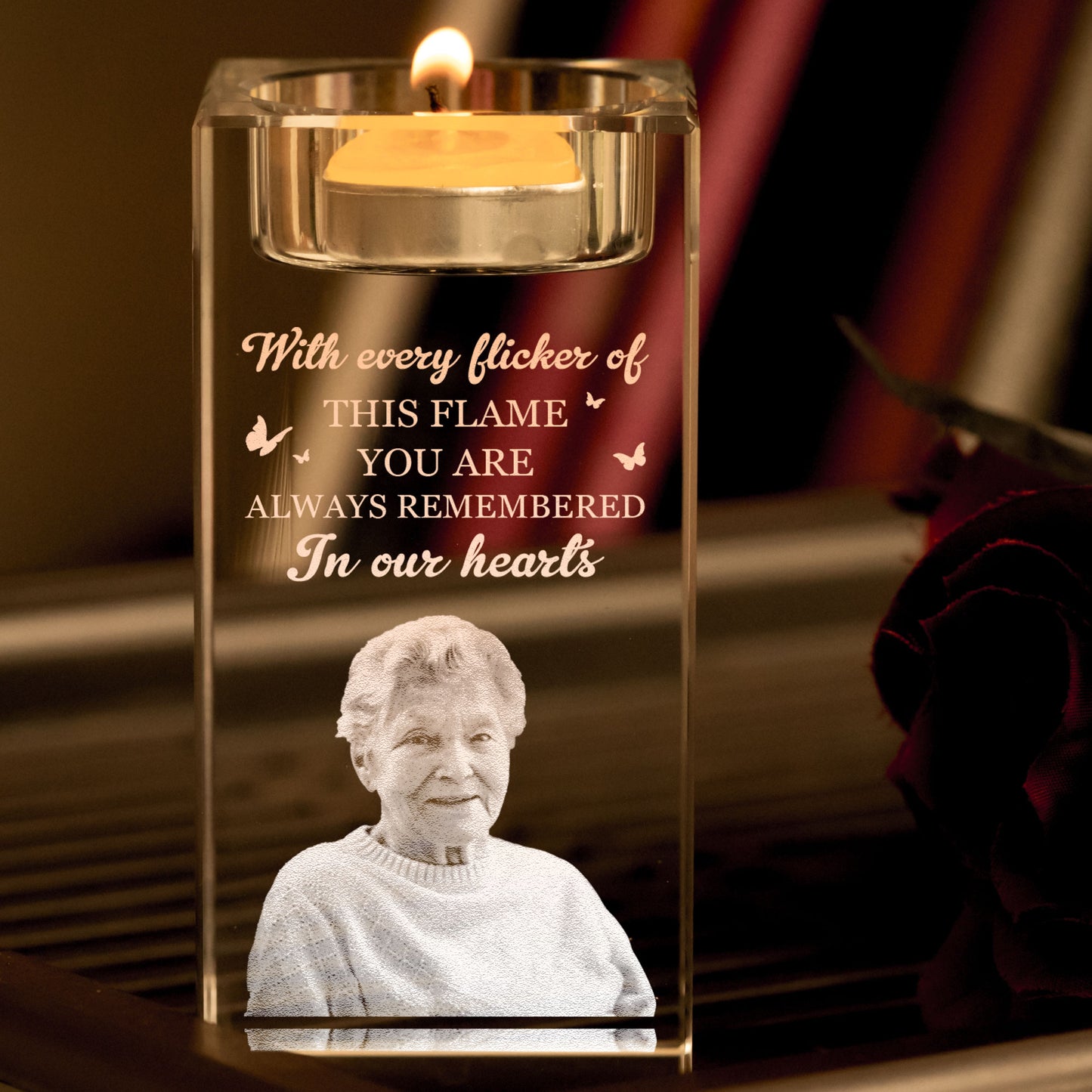 Always Remembered In Our Hearts - Personalized Photo Crystal Candle Holder