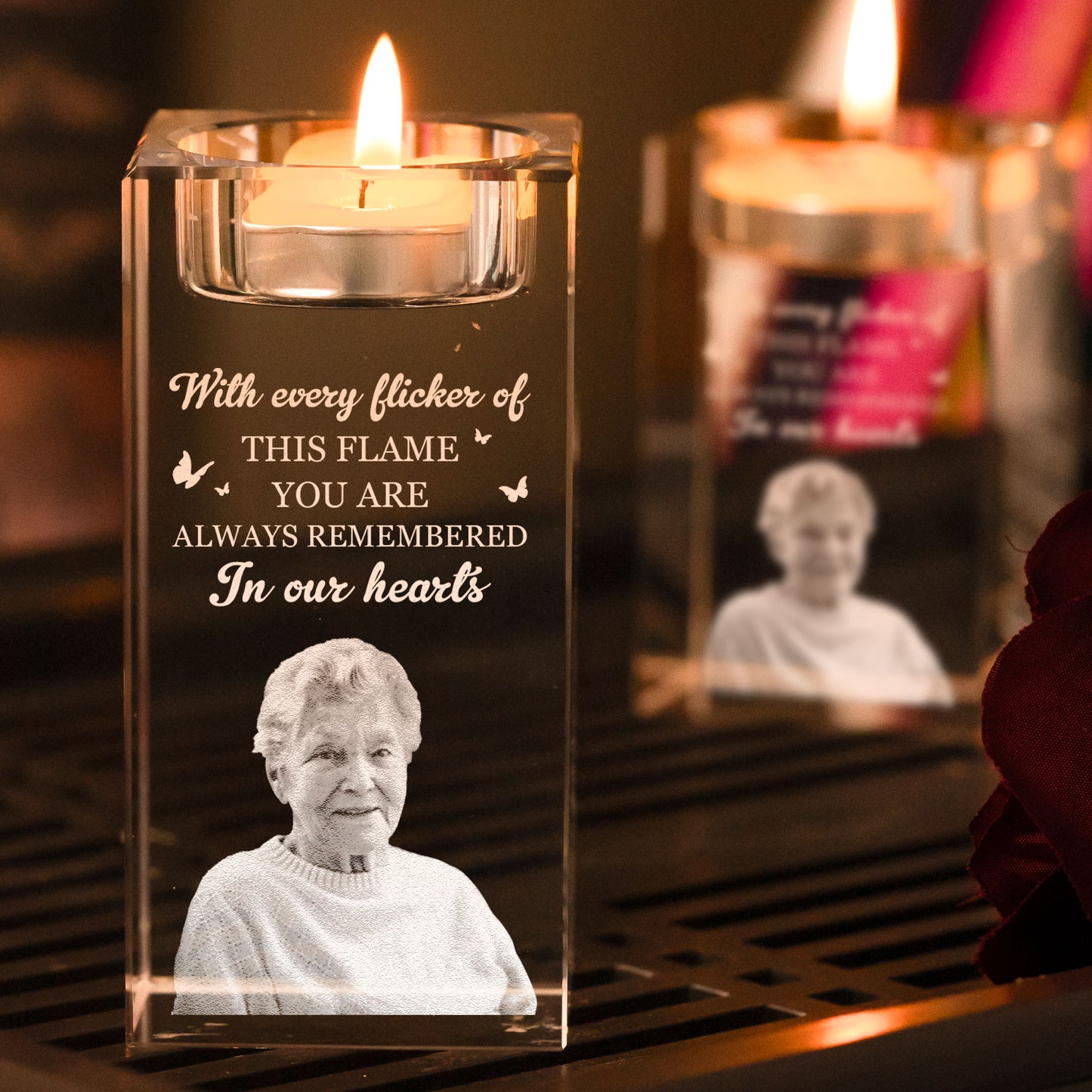 Always Remembered In Our Hearts - Personalized Photo Crystal Candle Holder