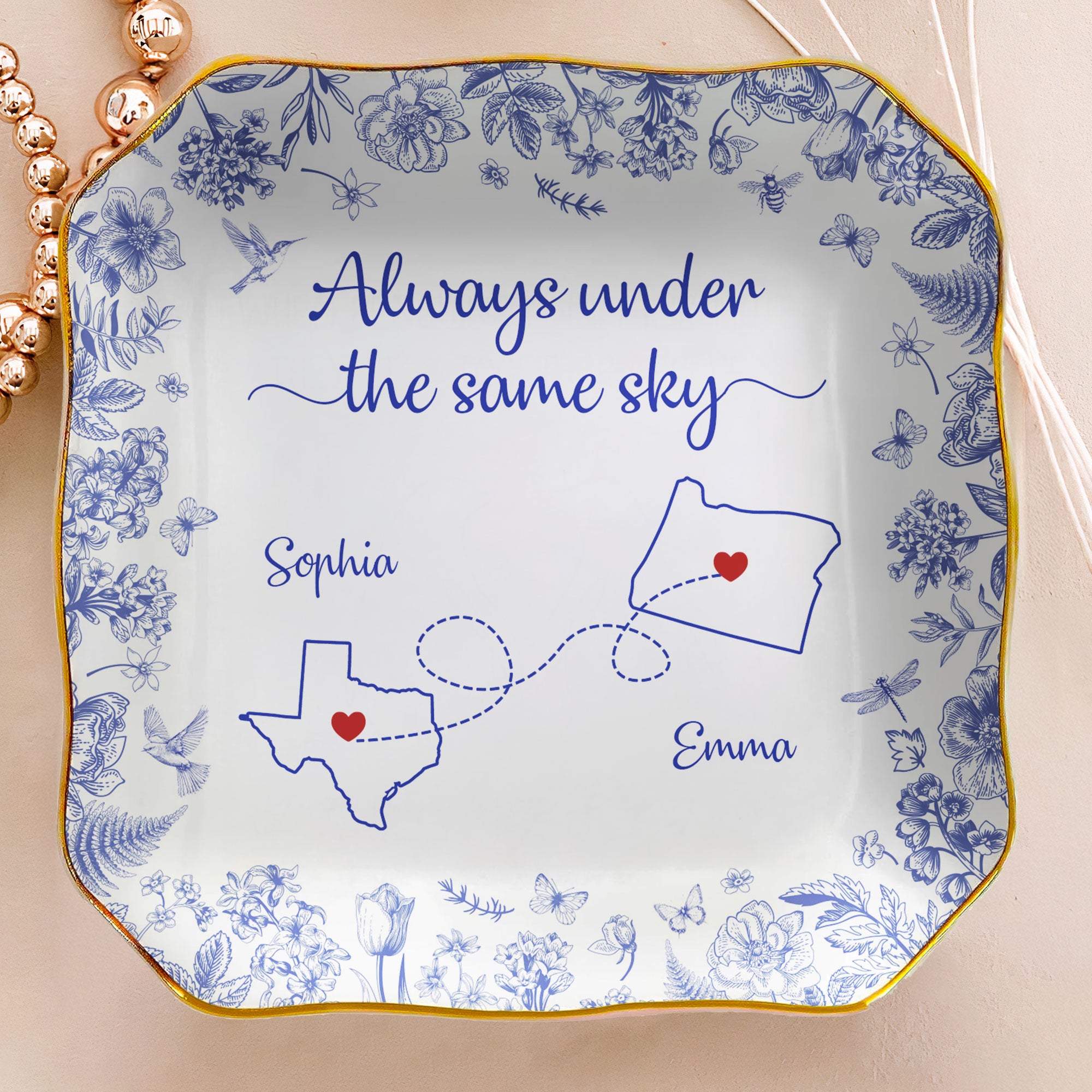 Always Under The Same Sky - Personalized Lace Square Jewelry Dish