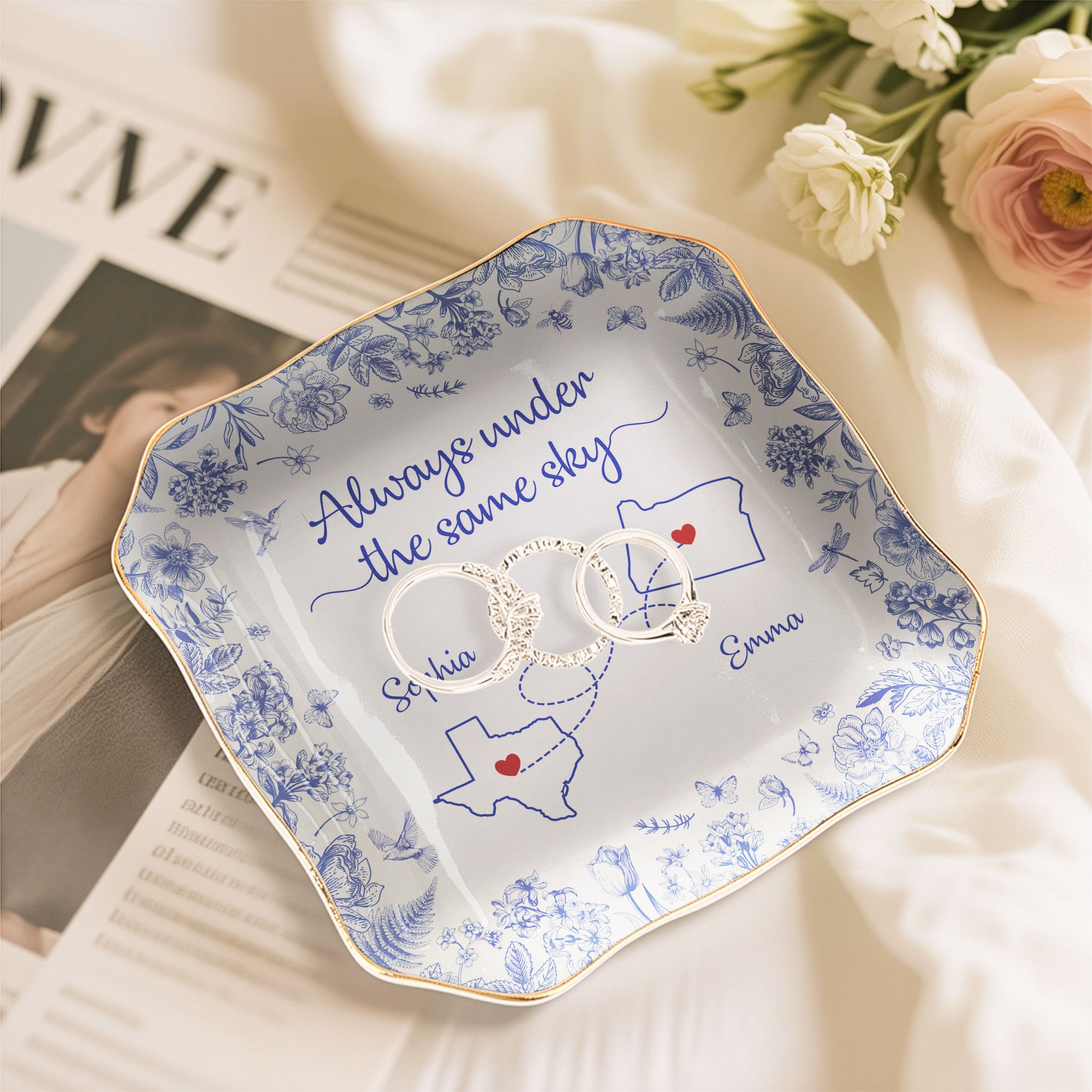 Always Under The Same Sky - Personalized Lace Square Jewelry Dish