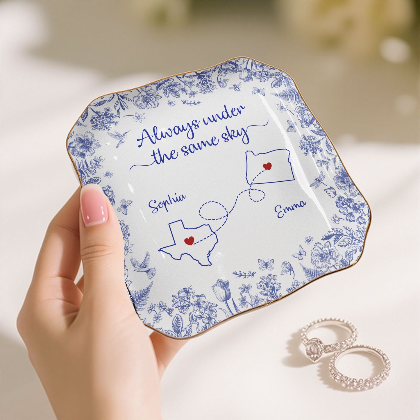 Always Under The Same Sky - Personalized Lace Square Jewelry Dish