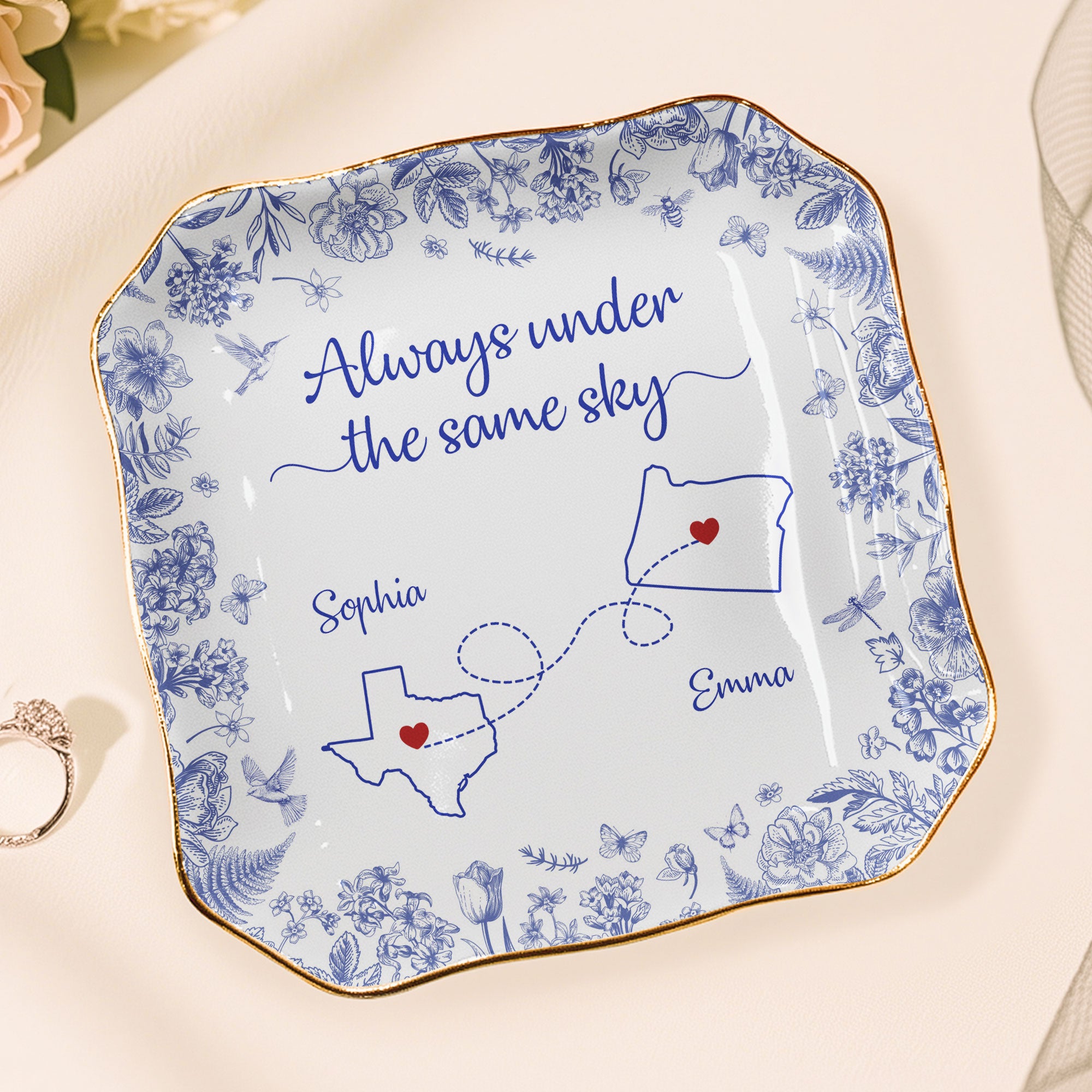 Always Under The Same Sky - Personalized Lace Square Jewelry Dish