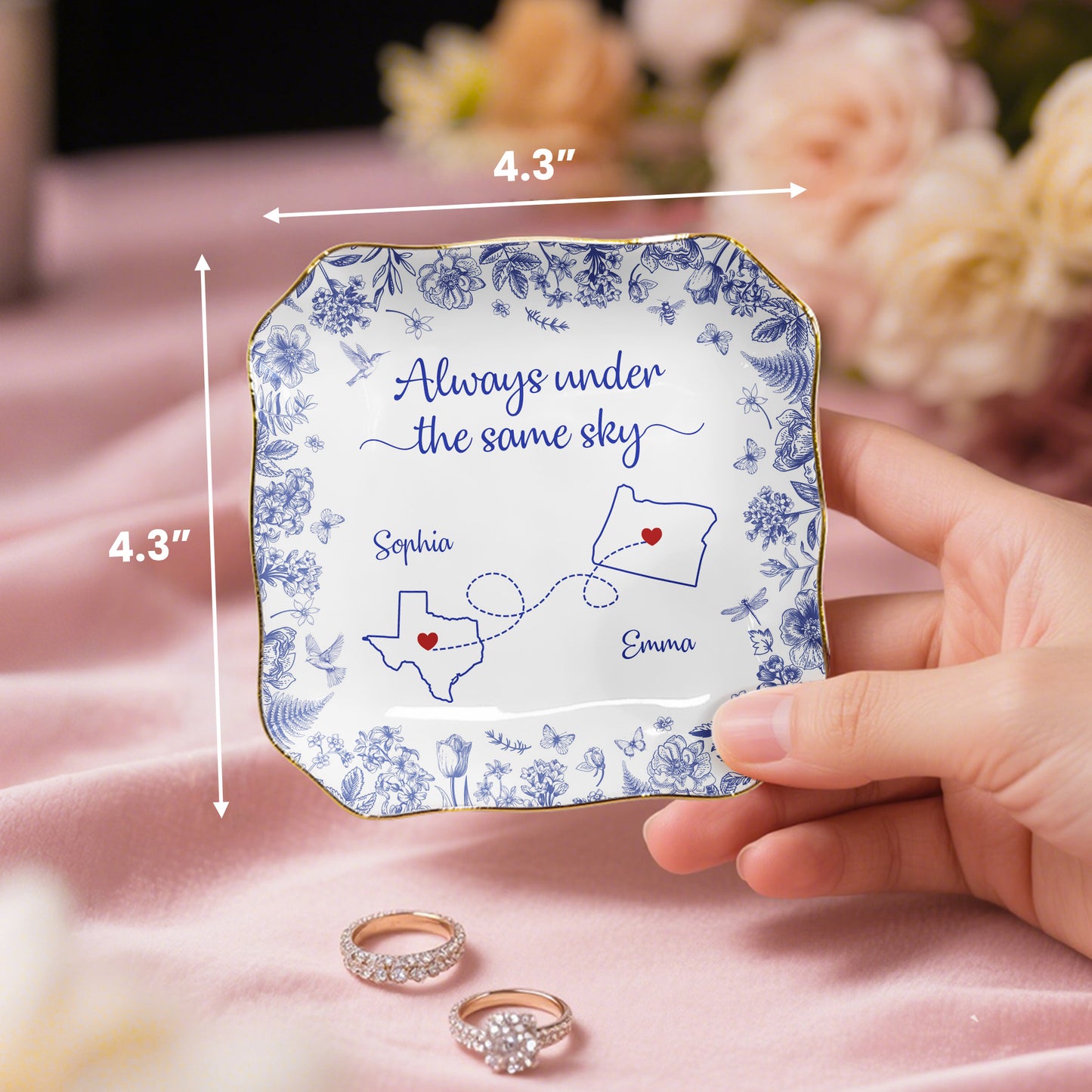 Always Under The Same Sky - Personalized Lace Square Jewelry Dish