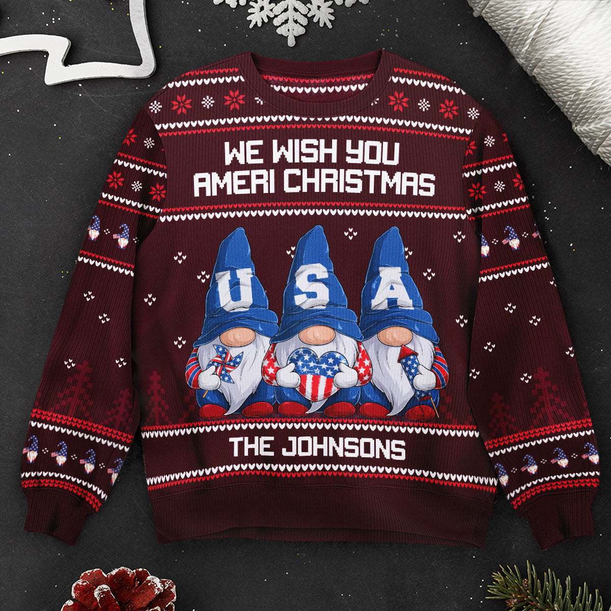 America Gnome We Wish You Ameri Christmas - Personalized Ugly Sweater