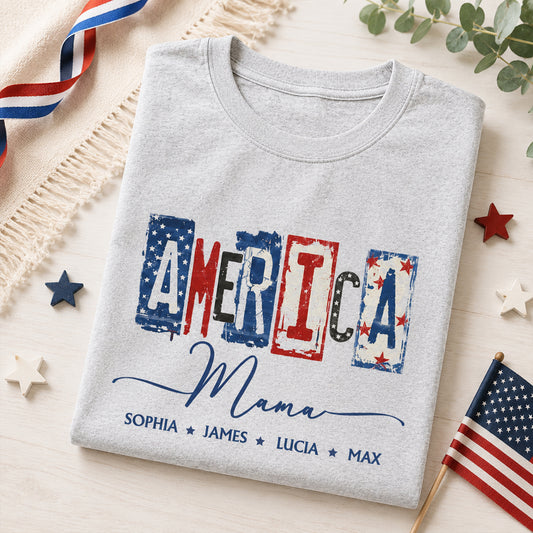 America Mama, Nana Retro American Flag - Personalized Shirt