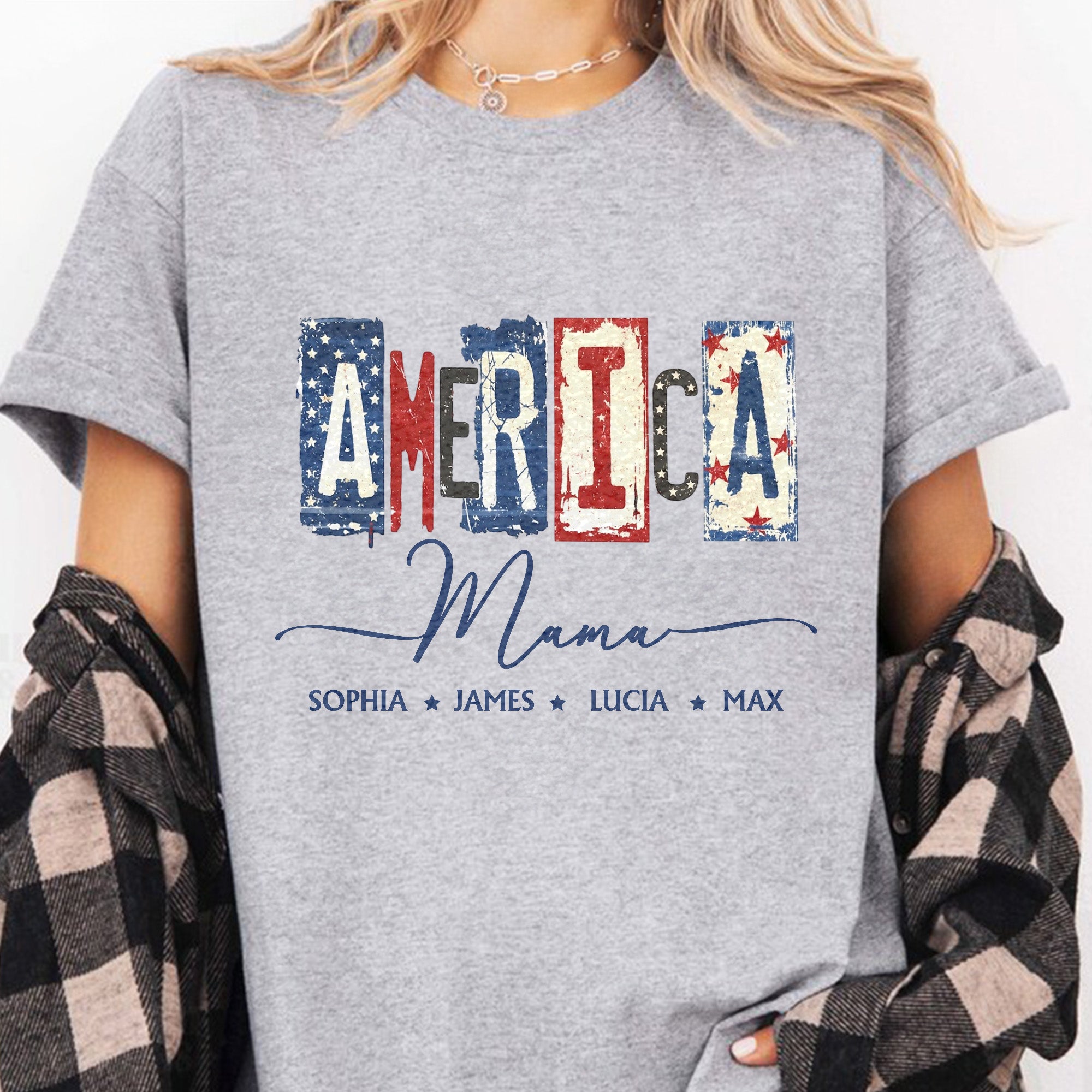 America Mama, Nana Retro American Flag - Personalized Shirt