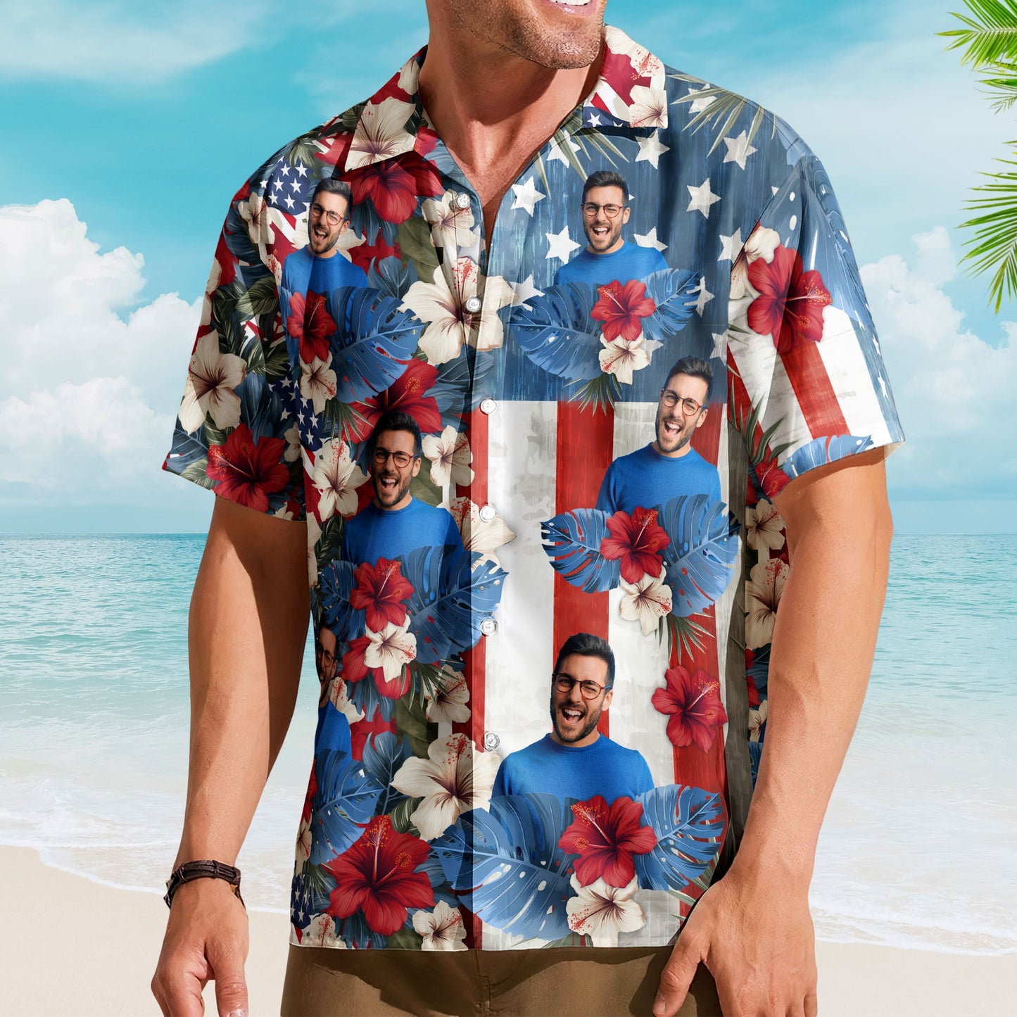 American Flag Tropical Independence Day Vintage Aloha - Custom Photo Hawaiian Shirts