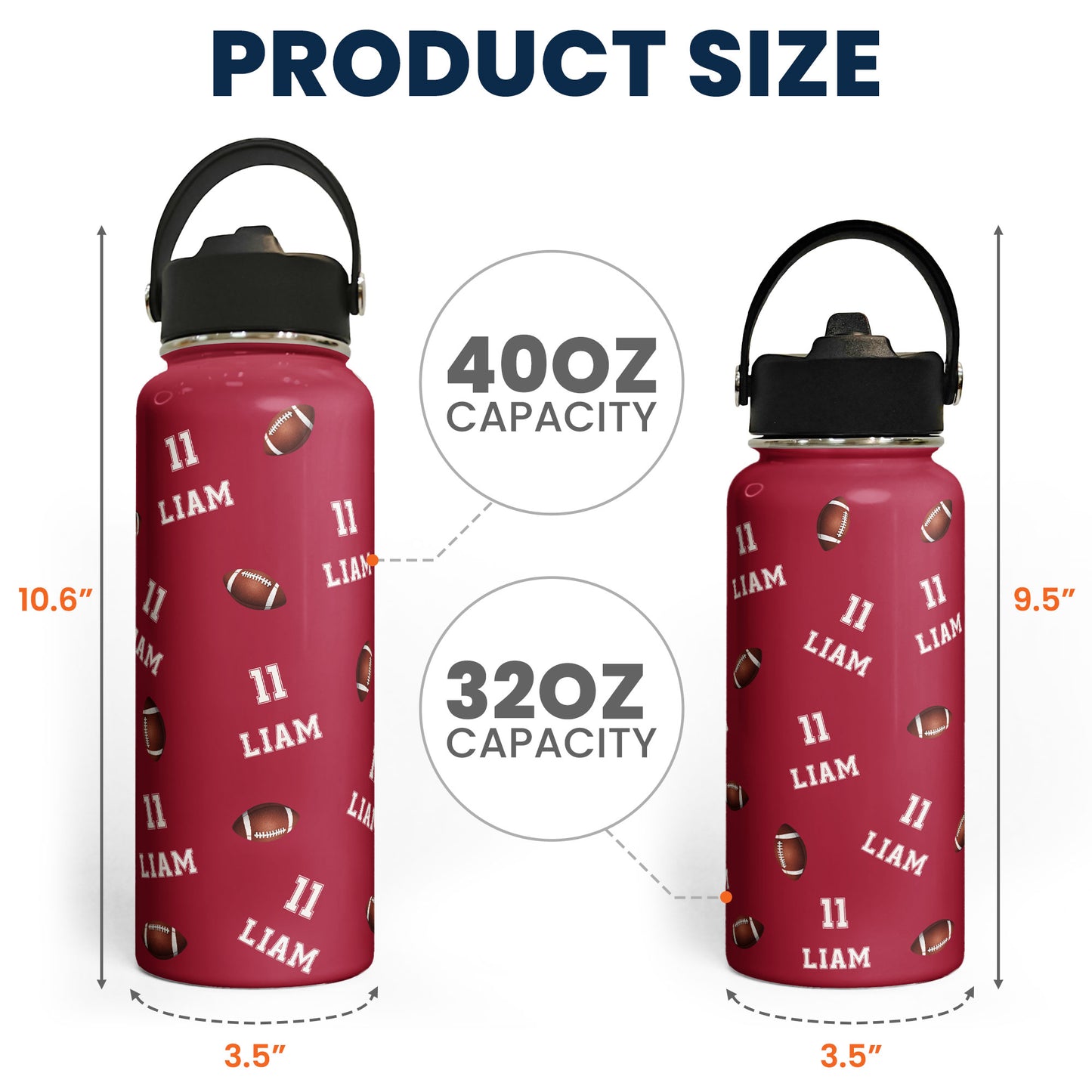 American Football Custom Name, Number - Personalized Stainless Steel Water Bottle