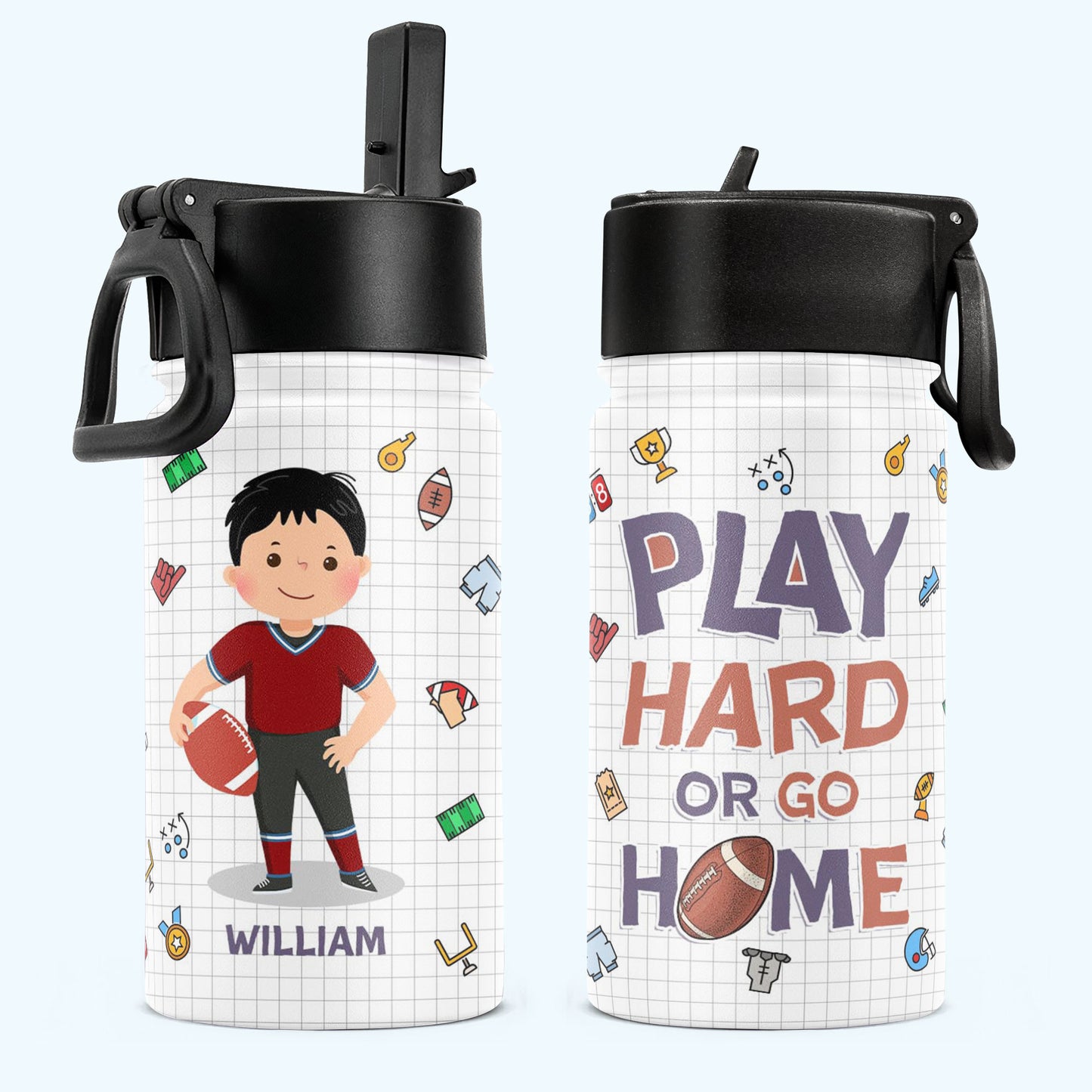 American Football Play Hard Or Go Home - Personalized Kids Water Bottle With Straw Lid