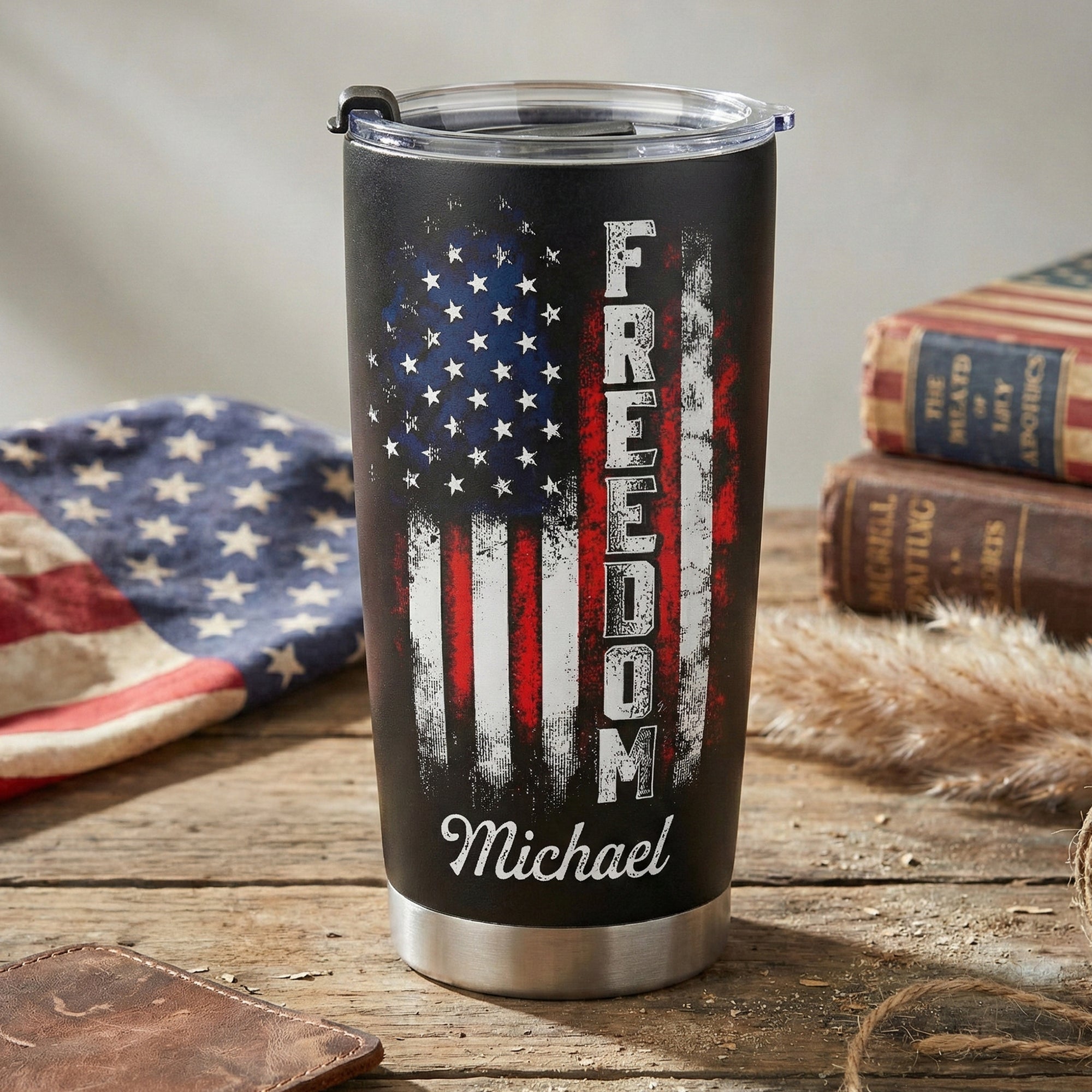 American Freedom Flag Patriotic Design - Personalized Tumbler Cup