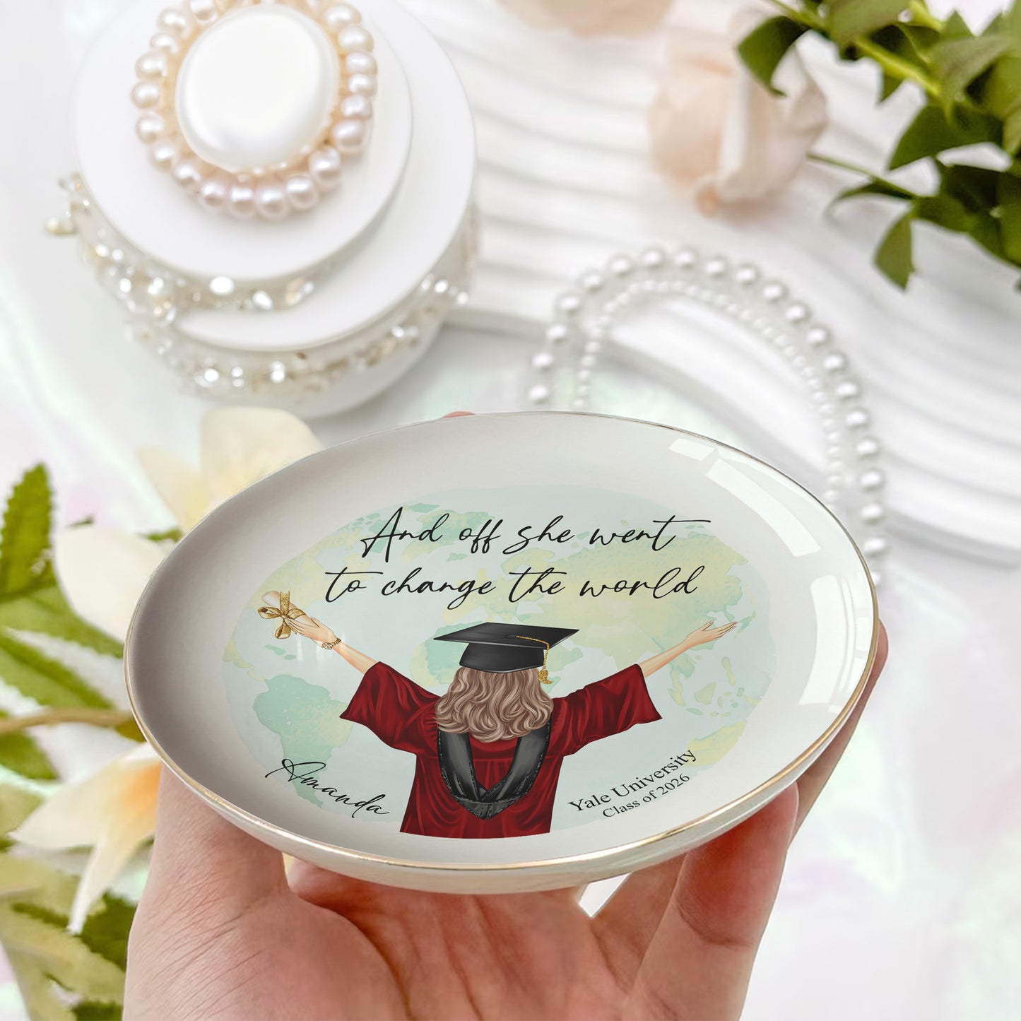 And Off She Went To Change The World - Personalized Jewelry Dish