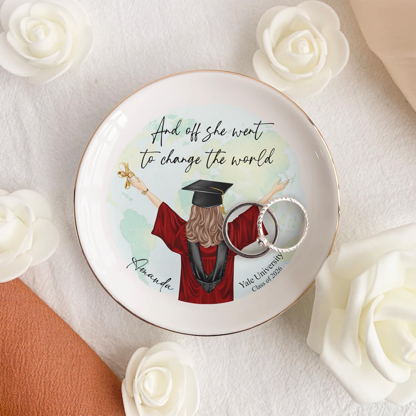 And Off She Went To Change The World - Personalized Jewelry Dish