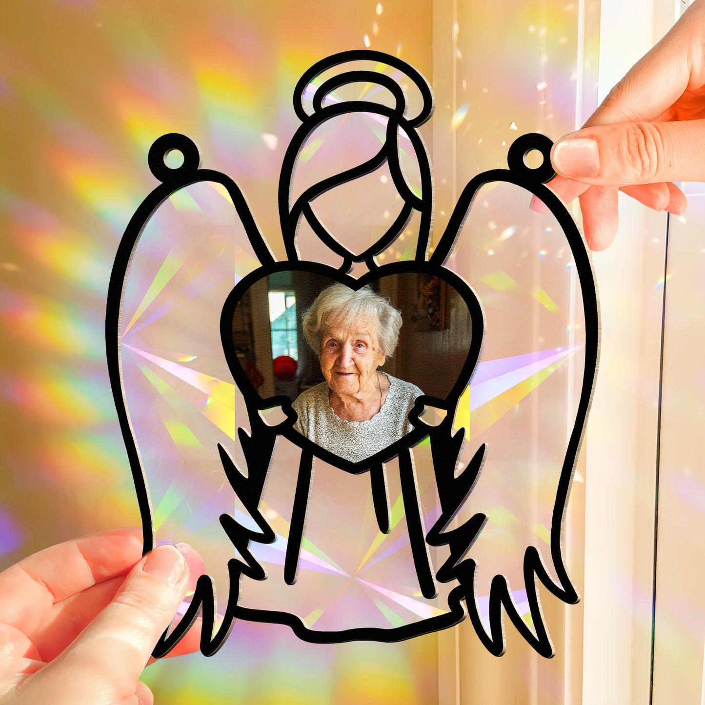 Angel Holds My Loved Ones - Personalized Photo Rainbow Suncatcher