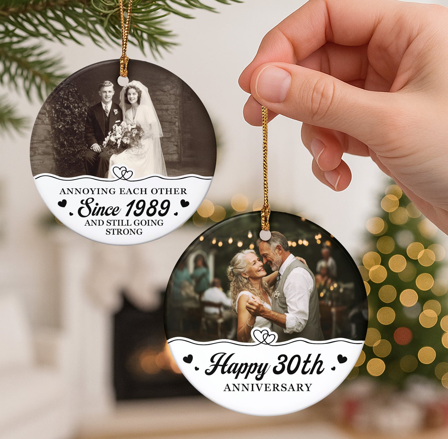 Anniversary Christmas Annoying Each Other Since & Still Going Strong - Personalized Two-Sided Ceramic Photo Ornament