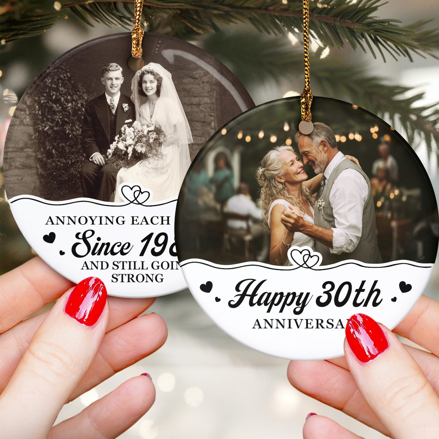 Anniversary Christmas Annoying Each Other Since & Still Going Strong - Personalized Two-Sided Ceramic Photo Ornament