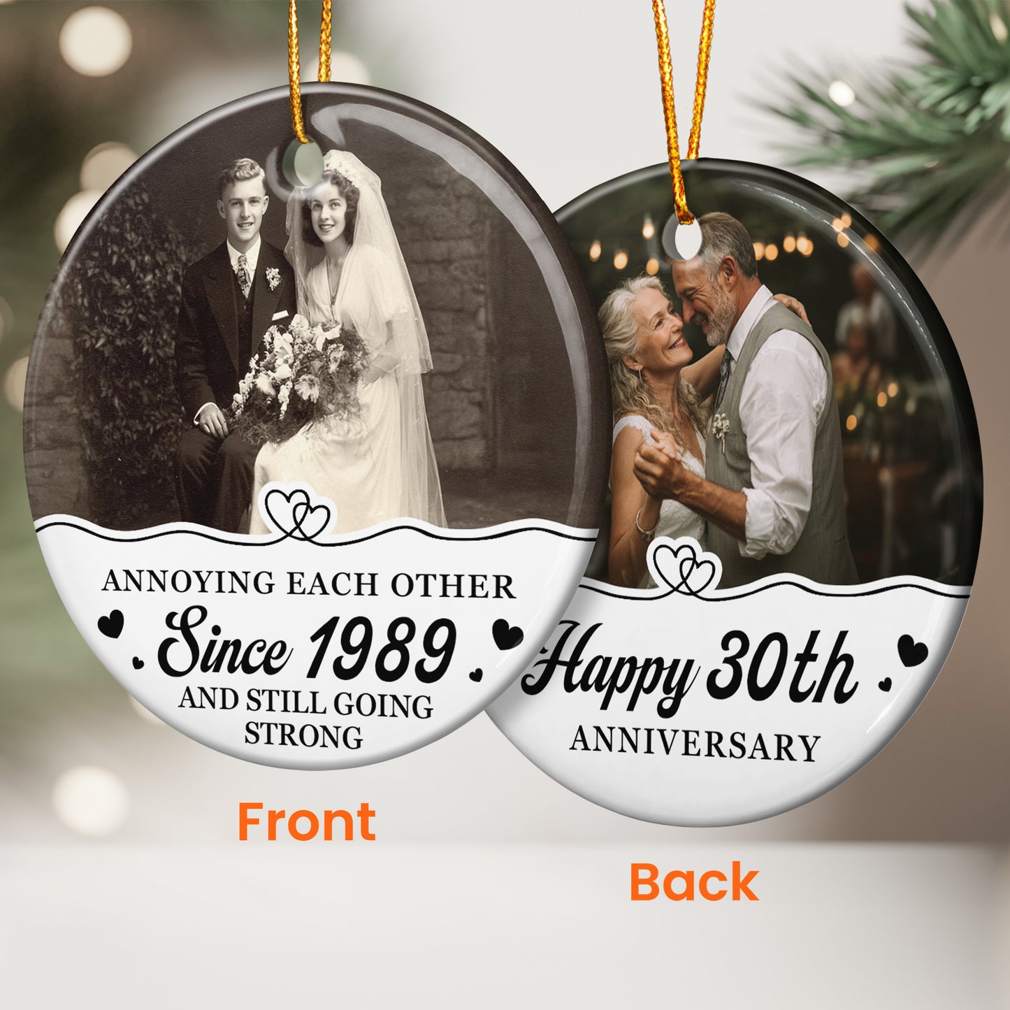 Anniversary Christmas Annoying Each Other Since & Still Going Strong - Personalized Two-Sided Ceramic Photo Ornament