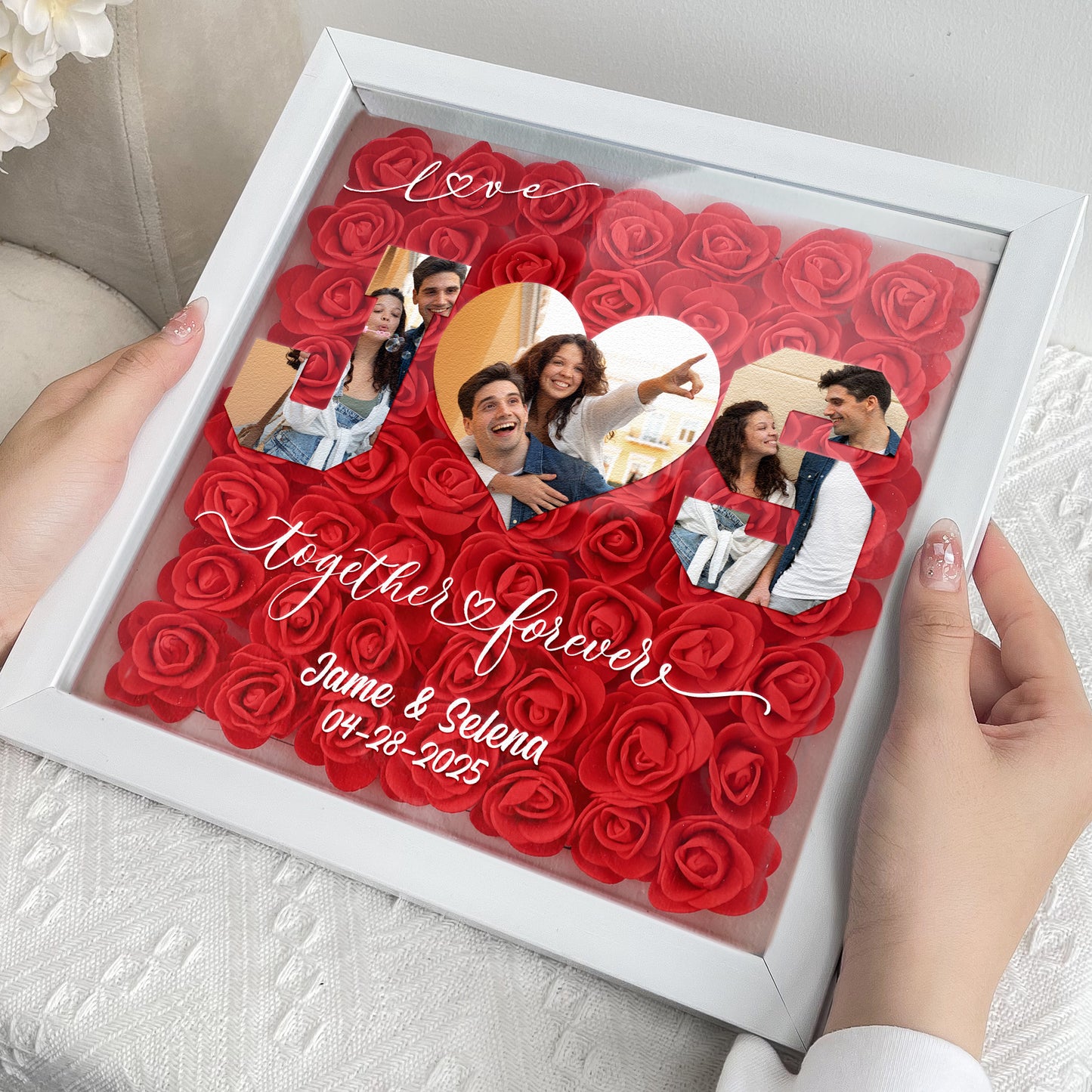 Anniversary Gift Custom Photo & Initial Name - Personalized Photo Flower Shadow Box With LED Light