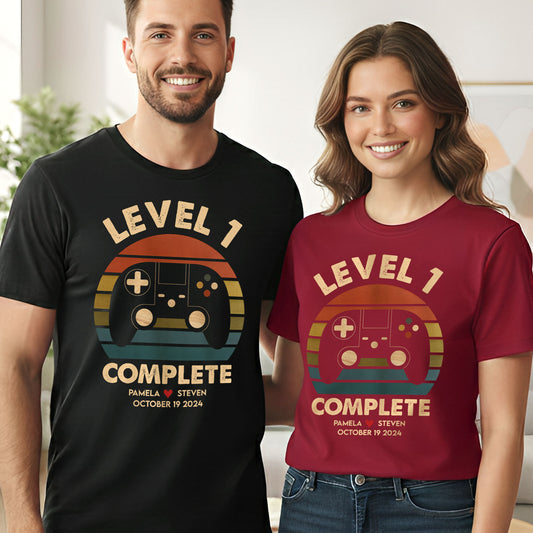 Anniversary Video Gamer, Level Complete - Personalized Couple Shirts