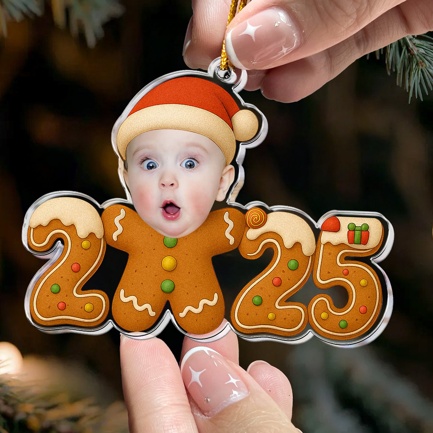 Baby Christmas Gingerbread Cookie - Personalized Acrylic Photo Ornament