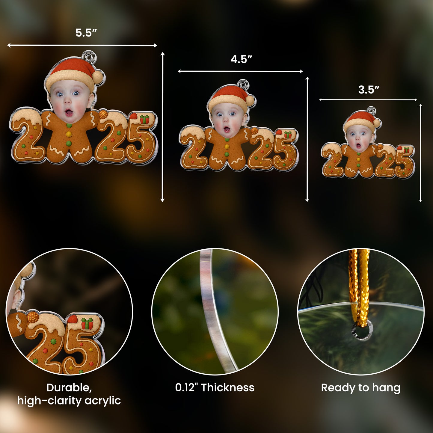 Baby Christmas Gingerbread Cookie - Personalized Acrylic Photo Ornament