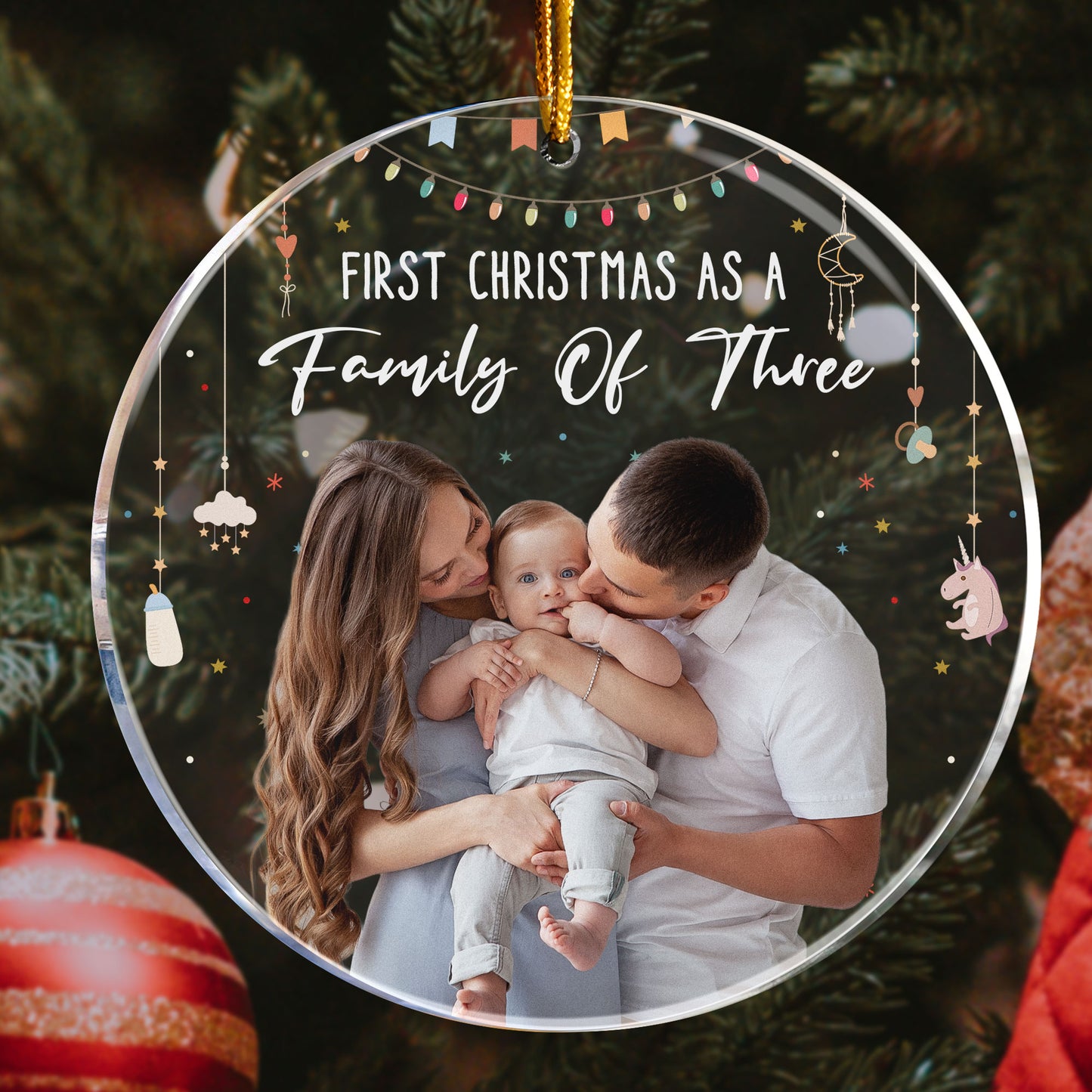 Baby First Christmas As A Family Of Three - Personalized Photo Acrylic Ornament