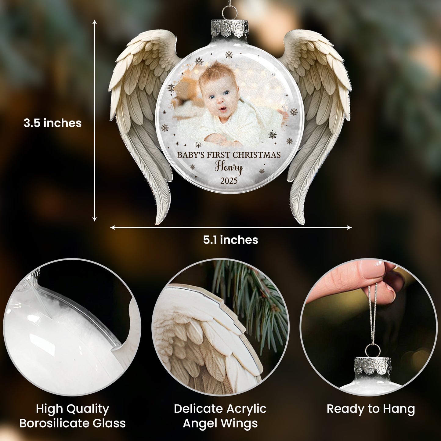 Baby First Christmas Ornament - Personalized Glass Photo Ornament