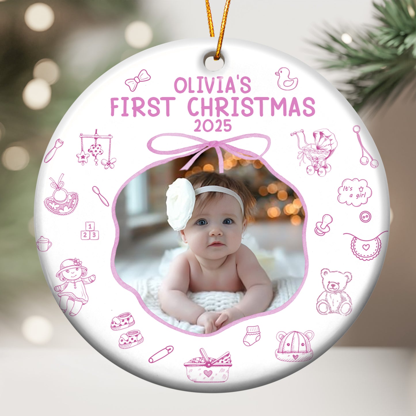 Baby First Christmas Toile De Jouy - Personalized Ceramic Photo Ornament