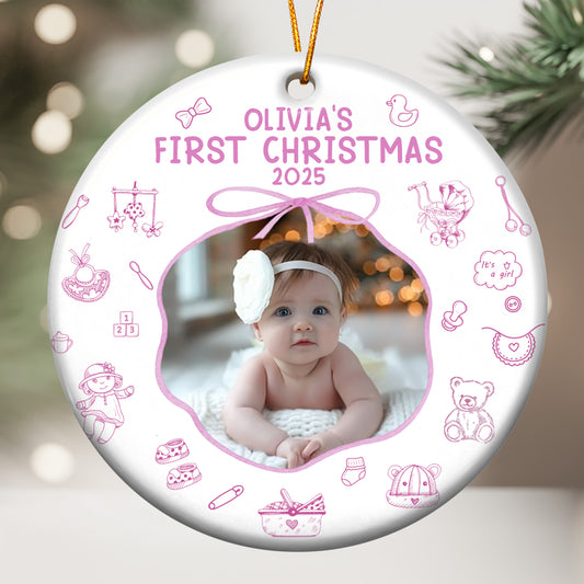 Baby First Christmas Toile De Jouy - Personalized Ceramic Photo Ornament