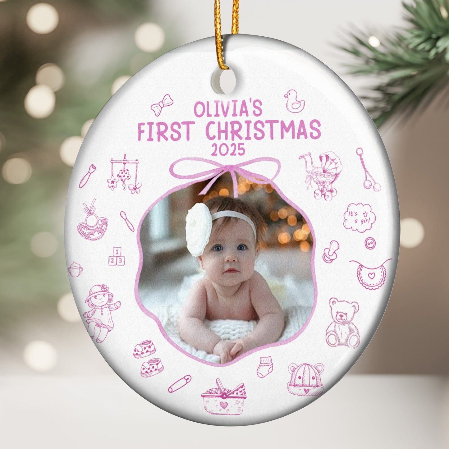 Baby First Christmas Toile De Jouy - Personalized Ceramic Photo Ornament