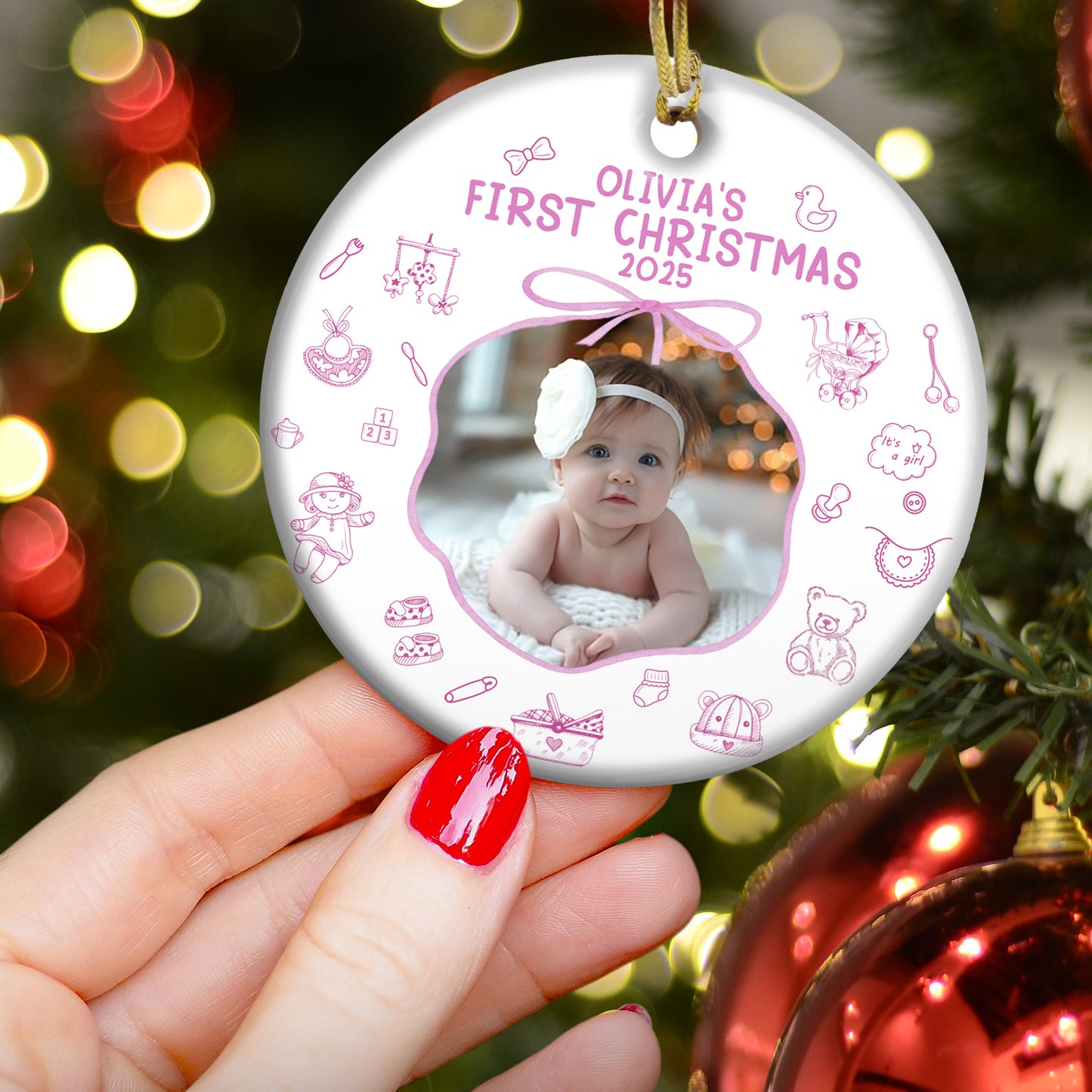Baby First Christmas Toile De Jouy - Personalized Ceramic Photo Ornament