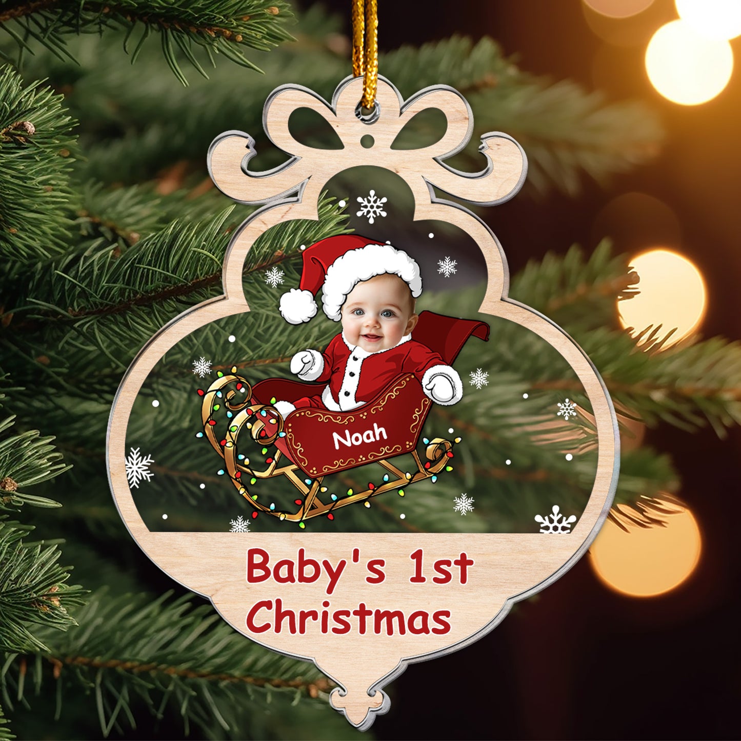 Baby First Christmas With Adorable Santa Sleigh - Personalized Acrylic Photo Ornament