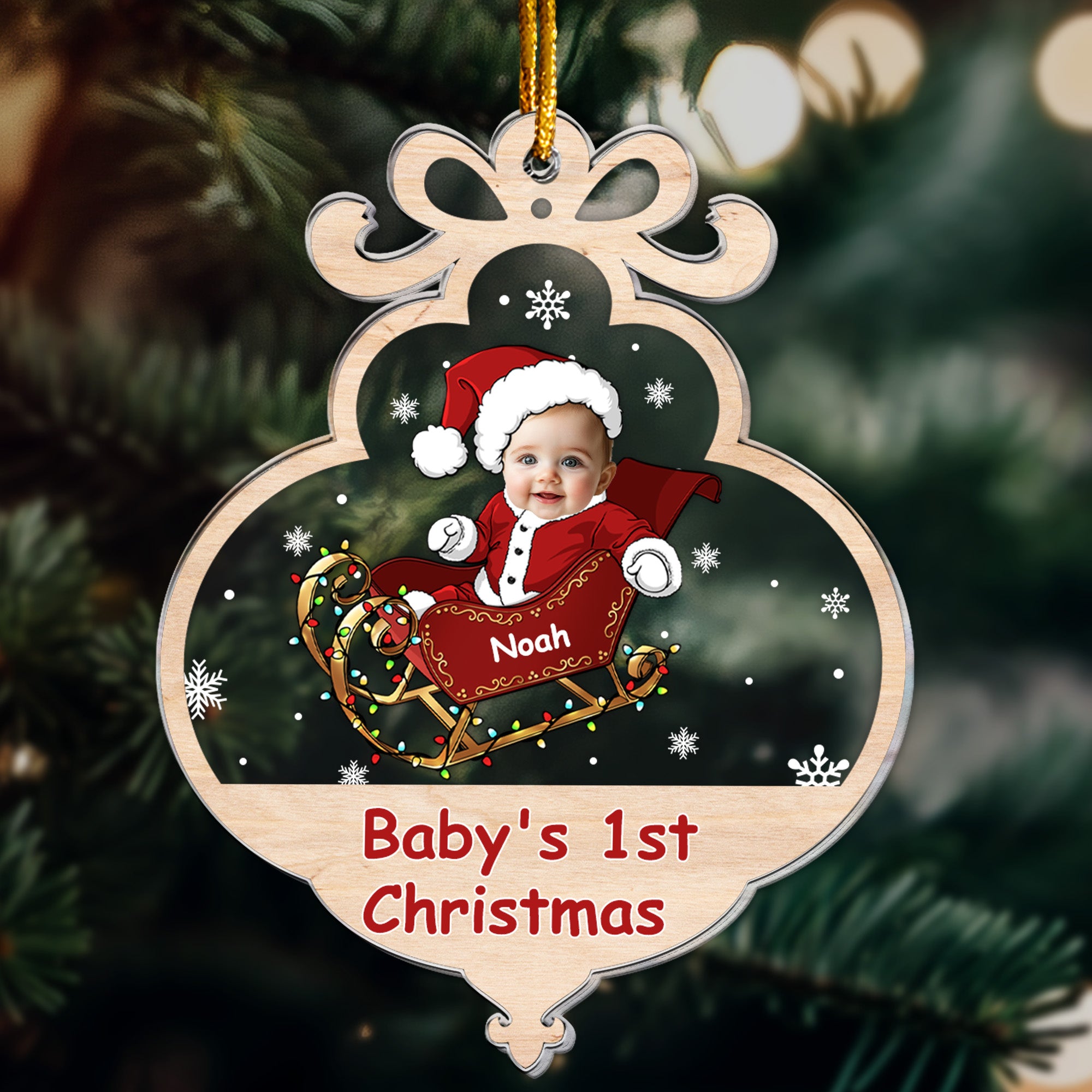 Baby First Christmas With Adorable Santa Sleigh - Personalized Acrylic Photo Ornament