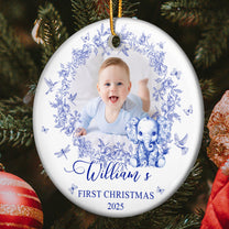 Baby's First Christmas For Baby Girl, Baby Boy Toile De Jouy - Personalized Ceramic Photo Ornament