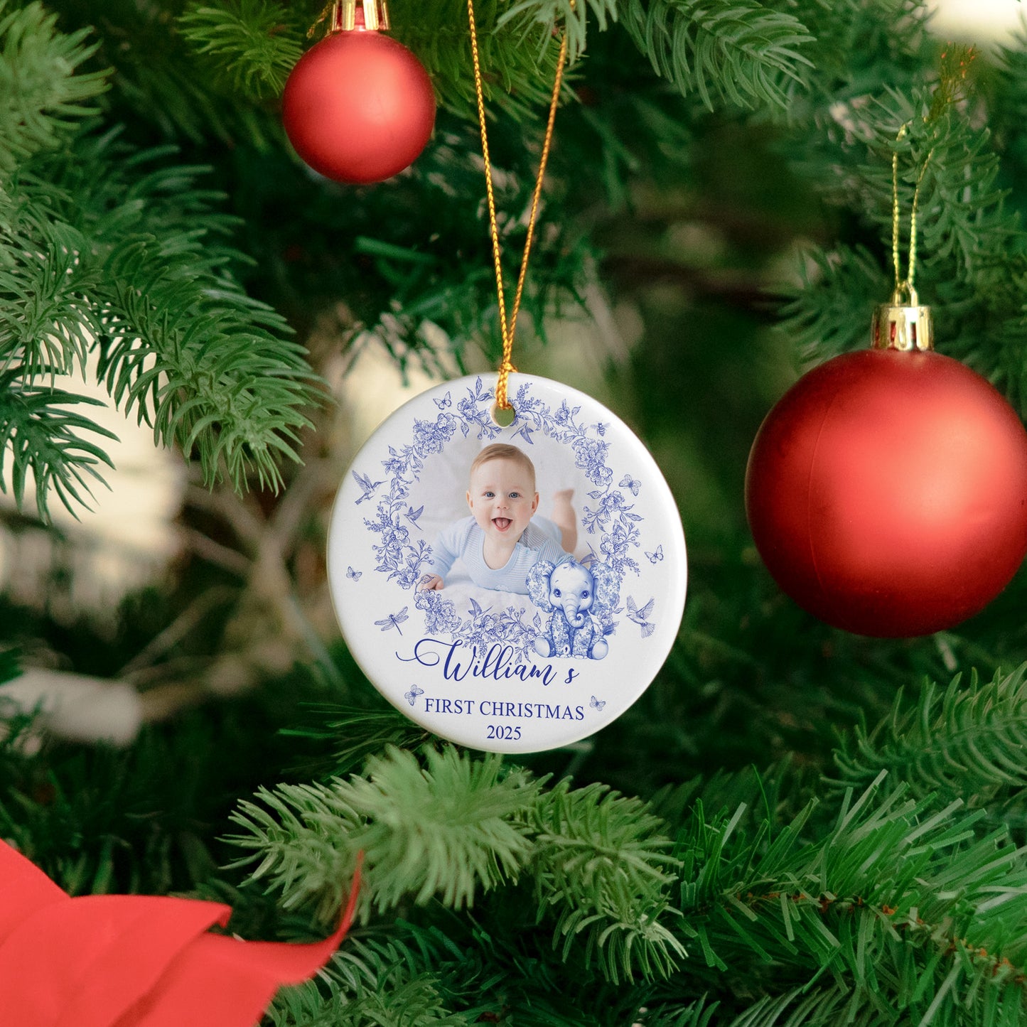 Baby's First Christmas For Baby Girl, Baby Boy Toile De Jouy - Personalized Ceramic Photo Ornament